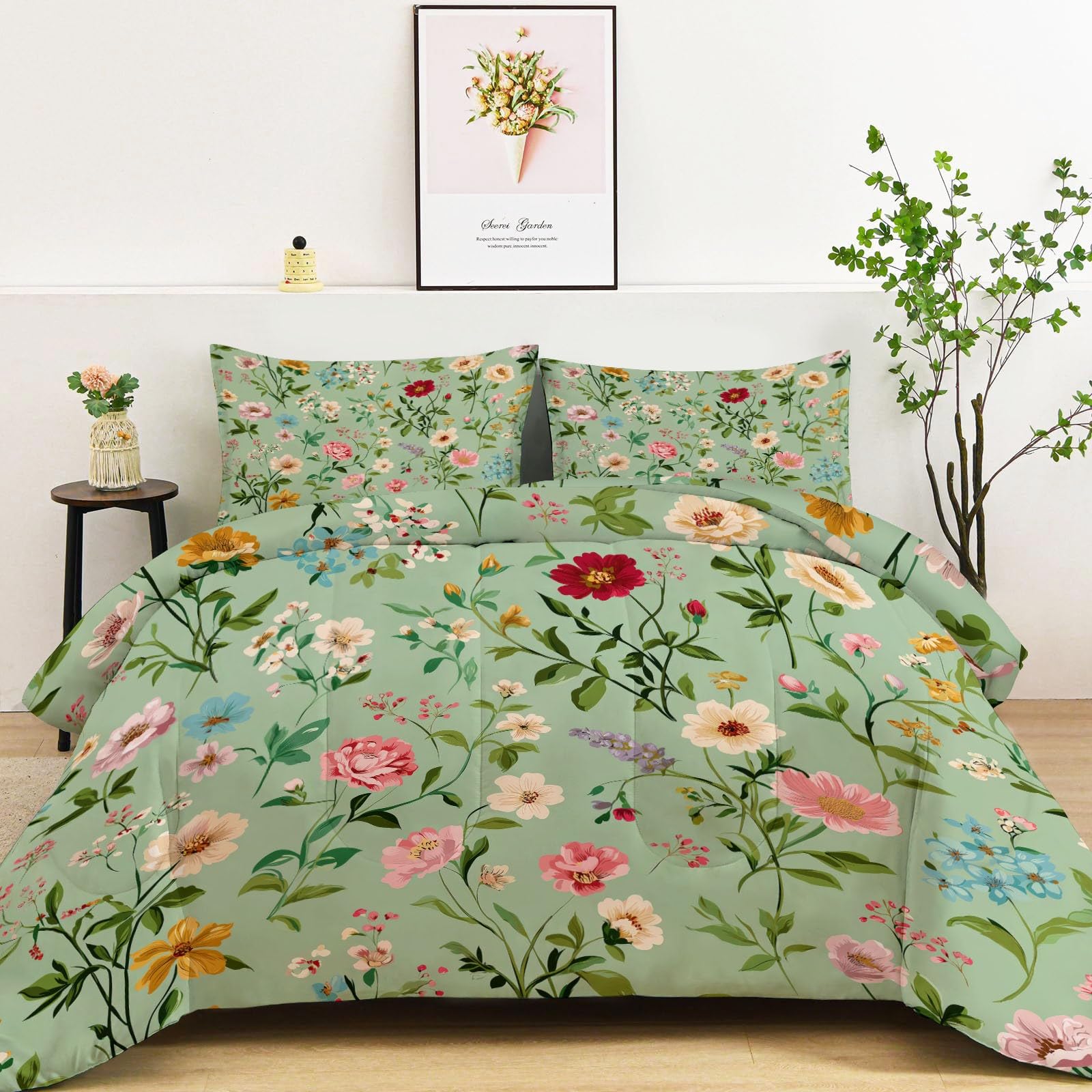 Pastoral Style Quilted Comforter Set King Size, Glowing Flowers Lightweight 3 Pieces Bedding Set, Olive Green Soft Warm Down Comforter 104" x 90" Quilted Bedding Sets for Girls Boys Kids