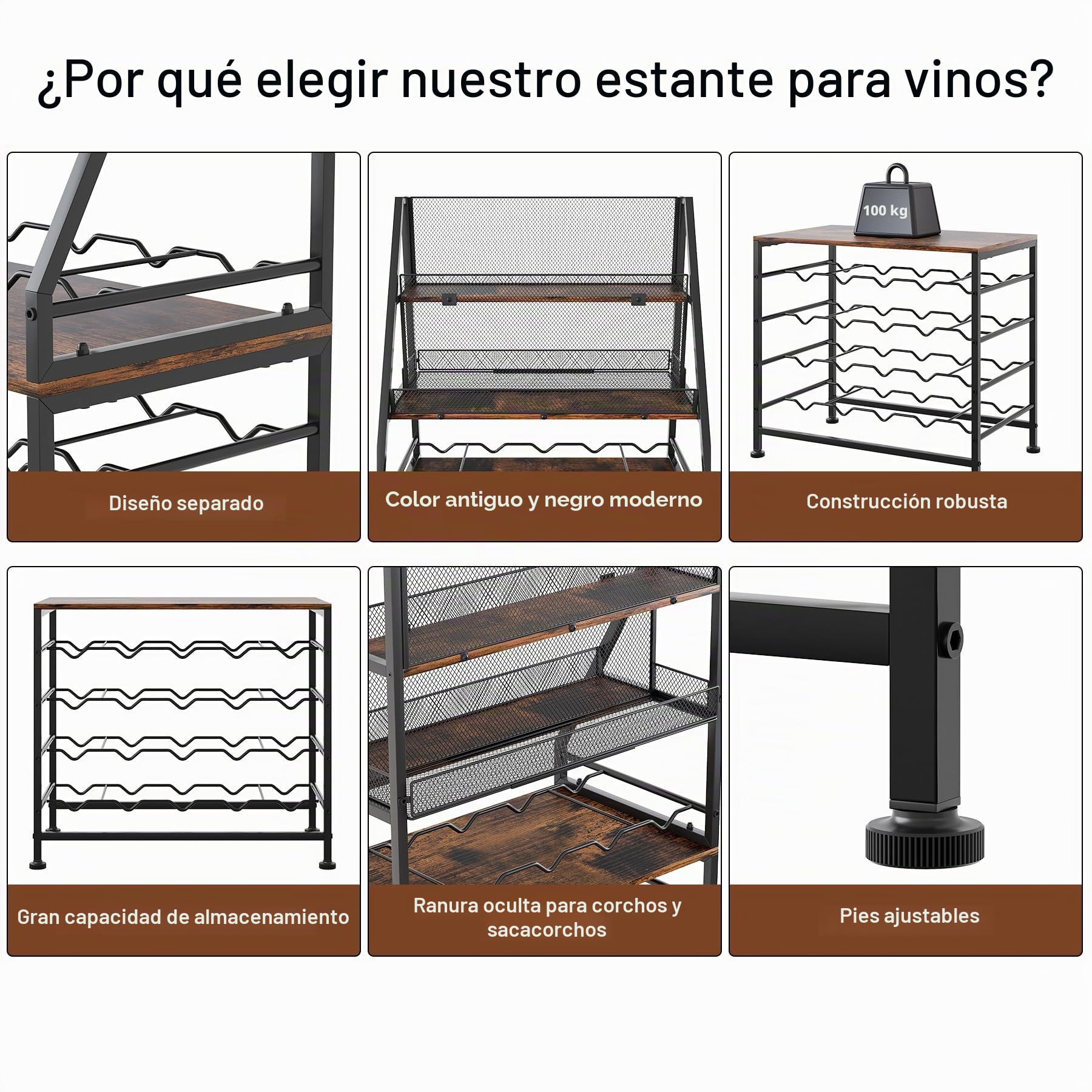 TQVAI Estantes Independientes para Vino Estante de Madera para 40 Botellas Estante de Almacenamiento para Organizar el Armario del Bar Doméstico, Negro/Antiguo