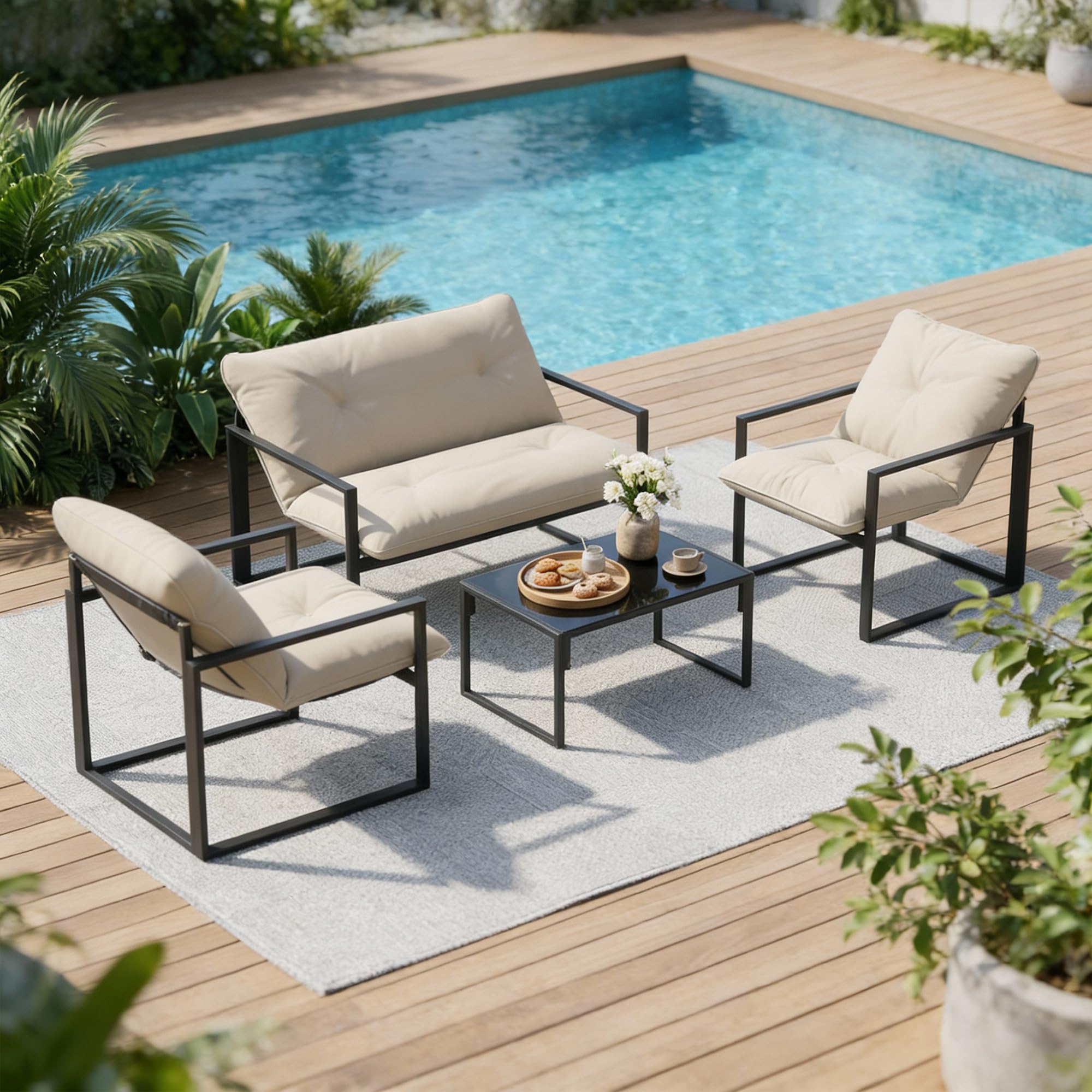 Outsunny Gartenmöbel Set Stahl Wetterfest Balkonmöbel-Set Grau+Beige | 4 Personen, 2er Sofa, Sessel, Glastisch, Sitzkissen, Outdoor Sitzgruppe, Terrassenmöbel, Gartengarnitur