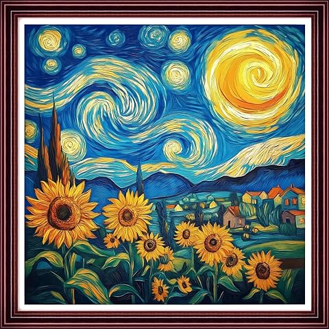 Funchey Counted Cross Stitch Kits for Adults Needlepoint Kits Unprinted Cross Stitching Embroidery Kit 11CT Cross Stitch Supplies-Van Gogh Starry Night Sunflowers 18x18 inch