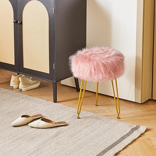 Miniatura 5 de IBUYKE Taburete de Tocador de Piel Sintética, Otomana Taburete de Maquillaje Peludo, Asiento Acolchado Suave, Reposapiés Redondo Taburetes con 4