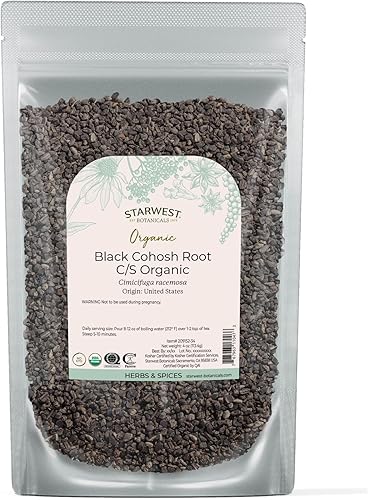 Starwest Botanicals Raíz de cohosh negro orgánico, hierba suelta seca para té, cortada y tamizada, certificada Kosher, sin OMG, bolsa de 4 onzas