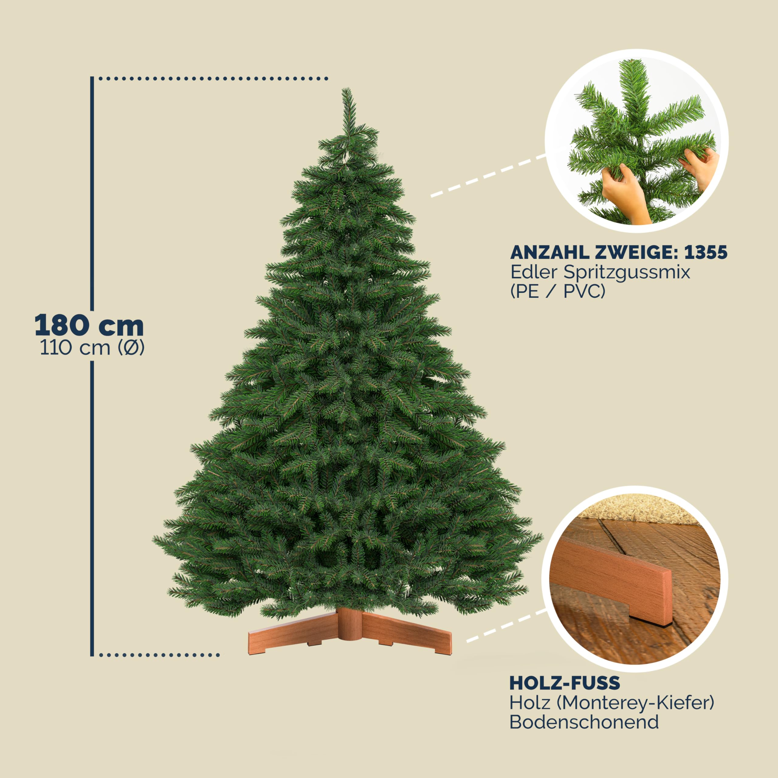 CASARIA® Premium Weihnachtsbaum künstlich XL 180 cm FSC®-Zertifiziert naturgetreu dichte Spitzen Stabiler Holzständer einfacher Aufbau Tannenbaum