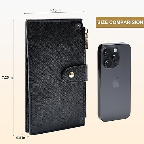 Miniatura 6 de Travelambo Billetera para mujer con bloqueo RFID plegable para múltiples tarjetas con bolsillo con cremallera, Negro -, Minimalista