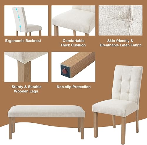 Miniatura 7 de P PURLOVE Juego de mesa de comedor de 6 piezas, mesa de cocina rectangular de madera con 4 sillas tapizadas, 1 banco para comedor y sala de estar