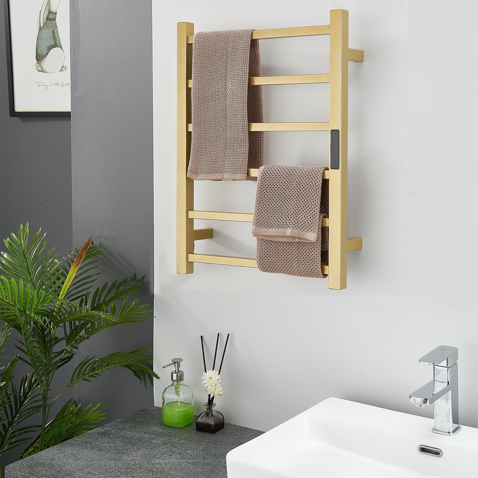 Toallero Eléctrico Dorado con Temporizador, Radiador Calentador De Toallas De 80 W para Baño, Secador De Toallas De Pared con 6 Barras, Toallero Calefactado De Acero Inoxidable 304,Plug in