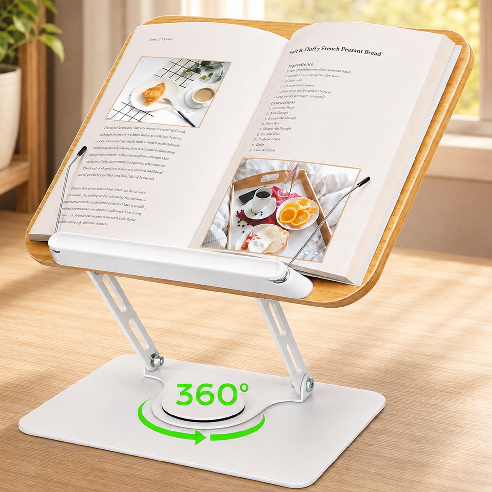 Atril para Libros de Madera con Base Giratoria 360°, Atril de Lectura con Clips Altura Ajustable de 4 a 39 cm, Soporte …