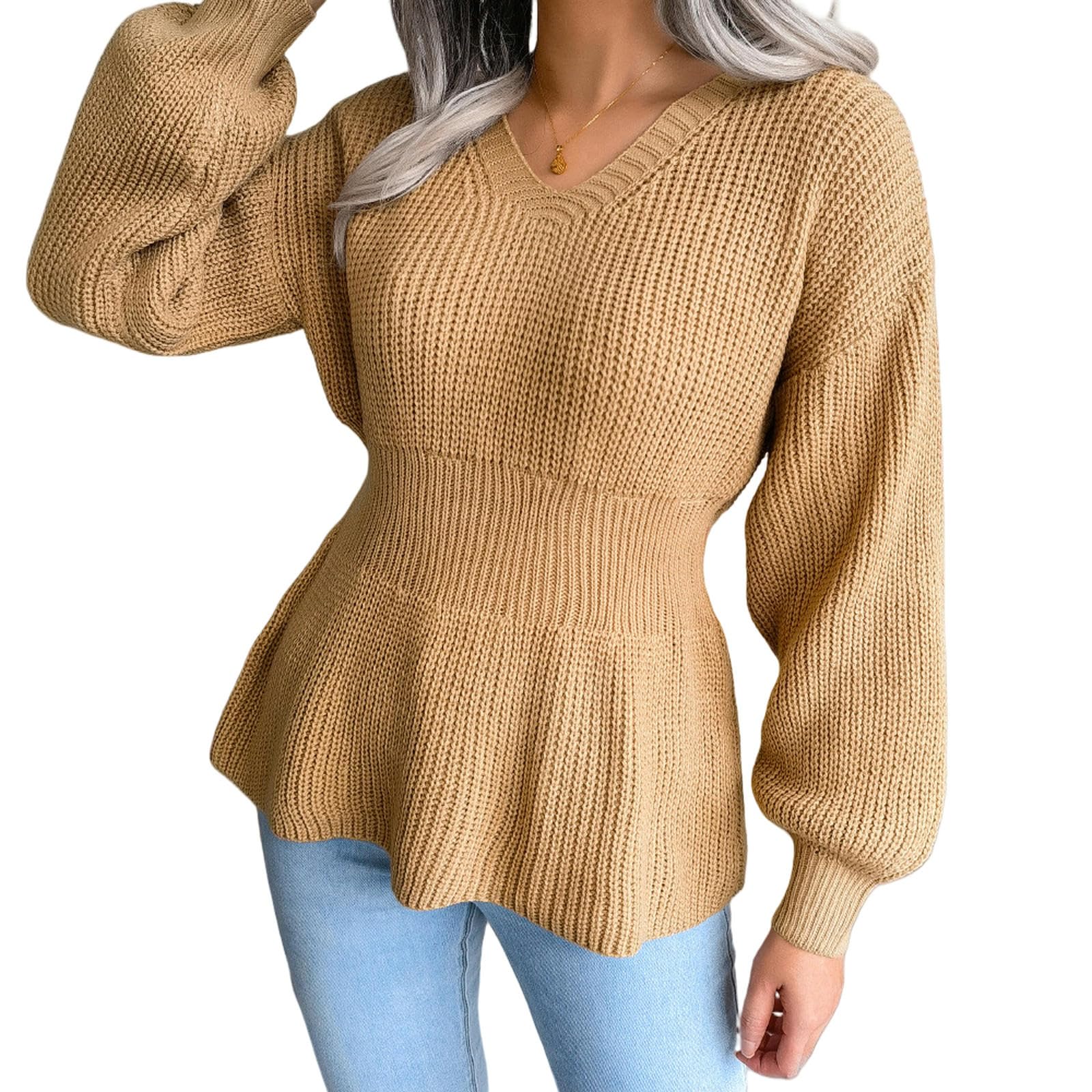 Maglione Donna Gialli A Maniche Lunghe per Maglioni Lunghe da Donna Pullover Inverno Pullover Morbido A V-Collo Maglioni A V-Collo Inverno Inverno-Cachi-s