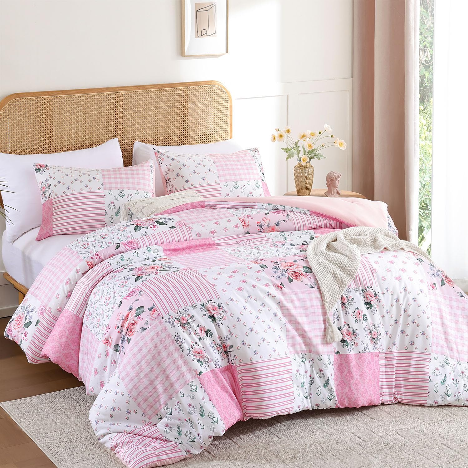 YIKUSH Queen Comforter Set - Pink Spring Floral Comforter Queen Size Patchwork Flower Cozy Bedding Set 3 Pieces for All Season, Cute Pattern 1 Comforter (90"x90") and 2 Pillow Shams (20"x26") - Image 2