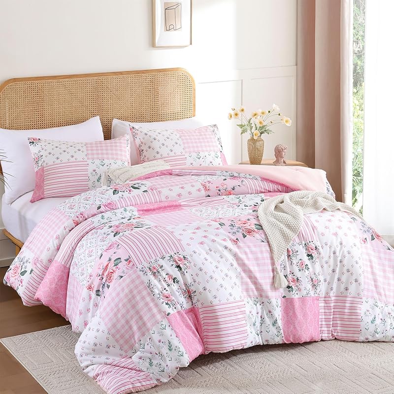 YIKUSH Pink Floral Queen Comforter Set, Soft Lightweight All Season Bedding Set for Women Girls, Cozy Cottagecore Botanical Comforter Queen Size with 2 Pillow Shams, Breathable Floral Bed Set image 2