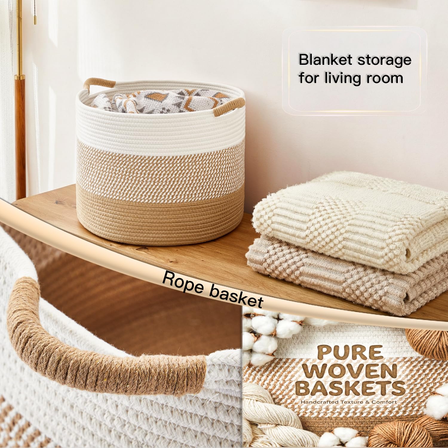 Artfeel Cesta grande de cuerda de algodón de 70 L decorativa, almacenamiento de fieltro tejido para sala de estar, almacenamiento de juguetes boho y caja de juguetes para niños, cesta de lavandería