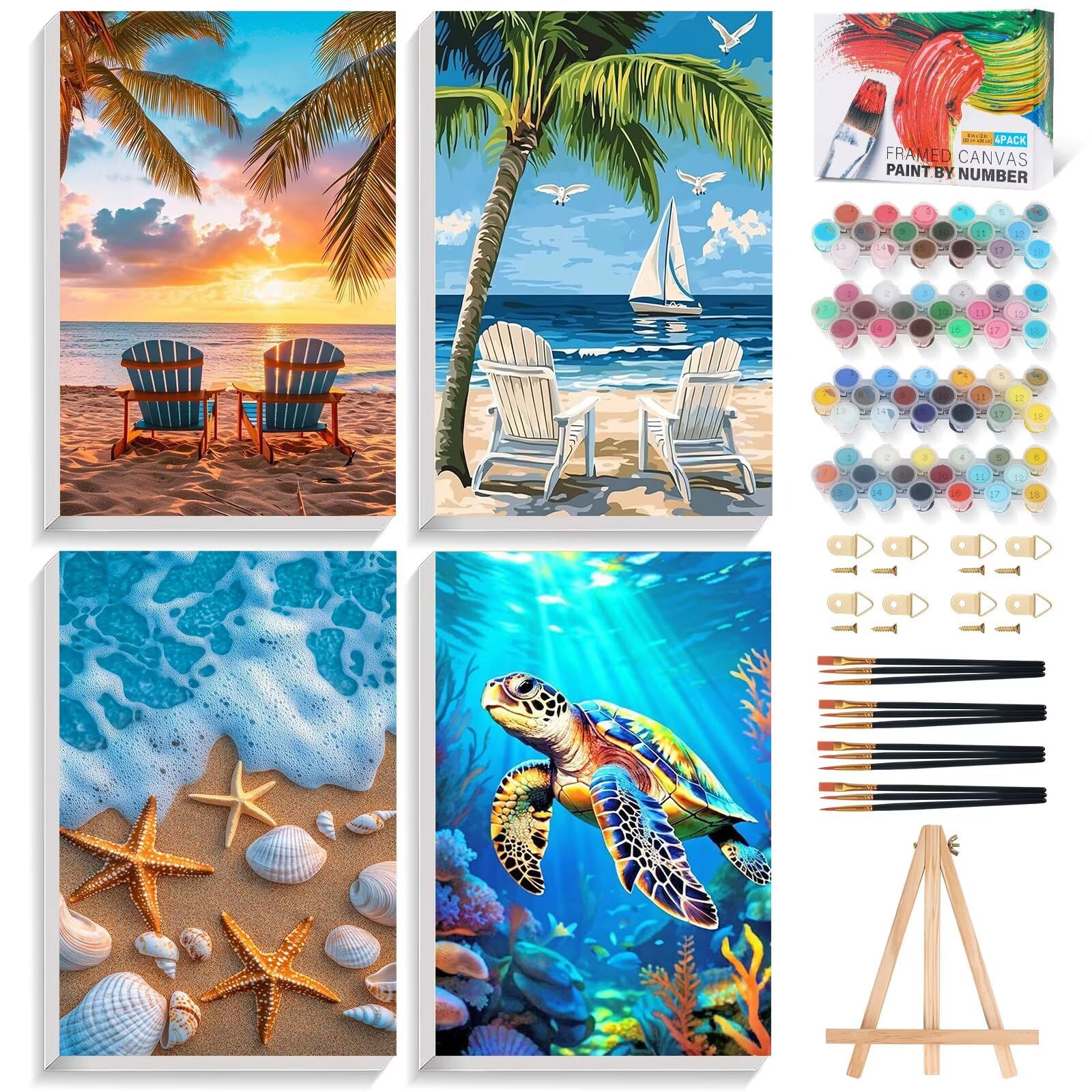 Fountor 4 Pack Paint by Numbers for Adults with Frame, Beach Adult Paint by Number Canvas Kits with Wooden Easel, DIY Acrylic Sea Turtle Painting by Numbers for Home Wall Decor Gift 8x12 Inch/20x30cm