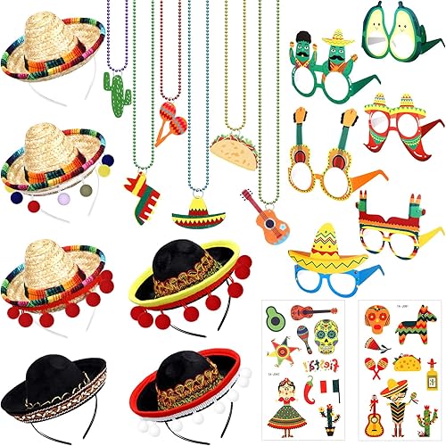 43 piezas de suministros para fiestas de Cinco De Mayo incluye 6 diademas de paja para sombrero 6 gafas de sol para fiesta decoración mexicana 6