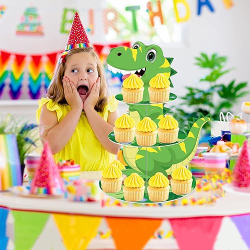 Miniatura 5 de Soporte de 3 niveles para cupcakes de dinosaurio, decoración de fiesta, soporte para cupcakes de dinosaurio de Anberky con forma de dinosaurio,