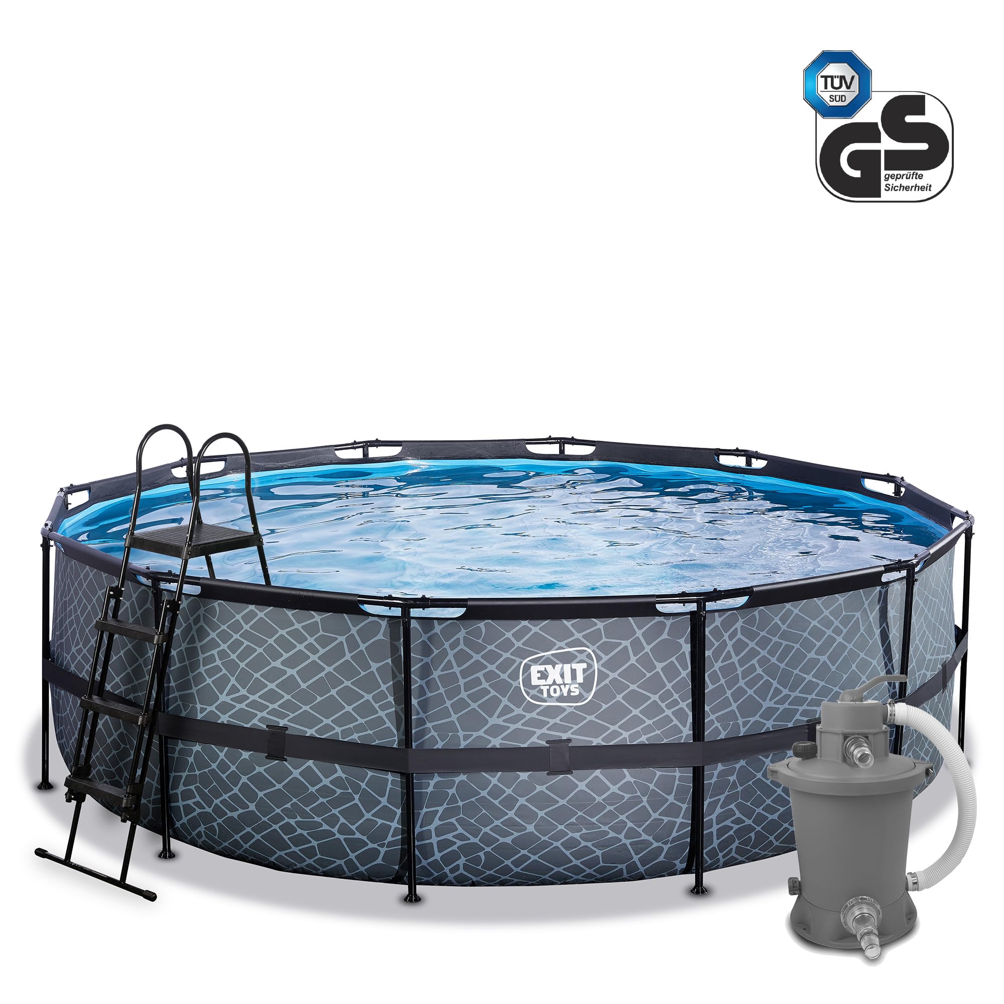 EXIT Toys Piscine Stone - ø450x122cm - Grande Piscine Ronde à Cadre EXIT Toys avec Pompe à Filtre à Sable - Piscine Extra Profonde - Cadre Solide - Échelle de Piscine Incluse - Design Unique - Gris