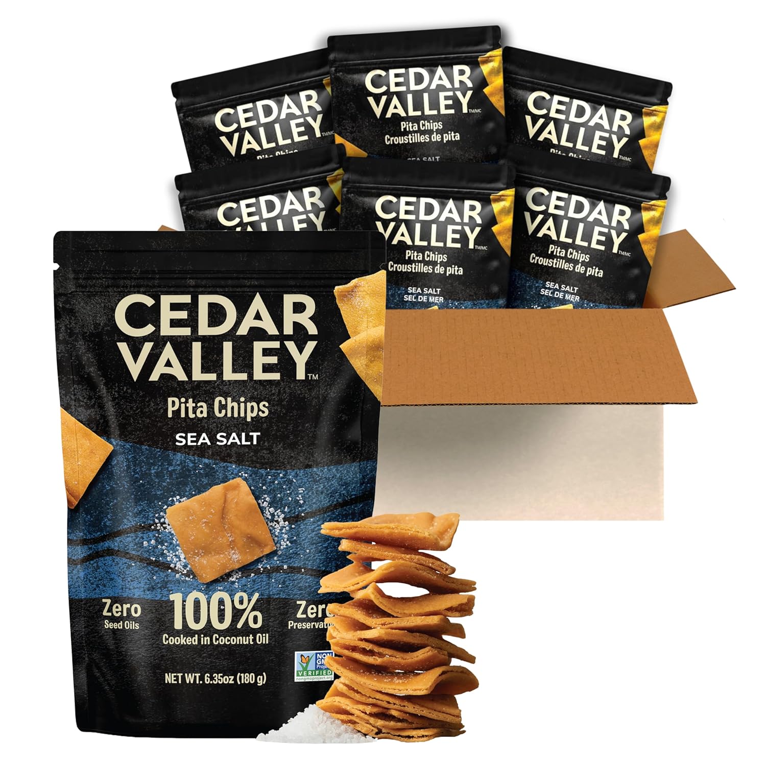 Cedar Valley Pita Chips Sea Salt | 180g (Pack of 6) | Seed Oil Free, Cooked in 100% Coconut Oil | Crisp, Golden & Flaky | No Preservatives, Non-GMO Ingredients | Healthy Snacks
