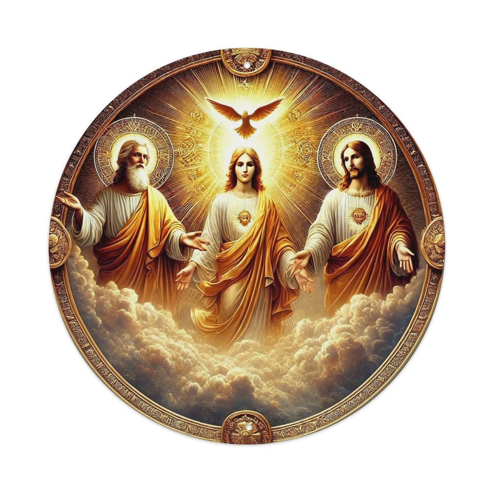 Holy Trinity Divine Light Clouds Halo Wings Vintage Round Tin Sign Retro Metal Wall Decor Metal Poster, Home Bar Garage Cafe Wall Art Decoration 8x8Inches