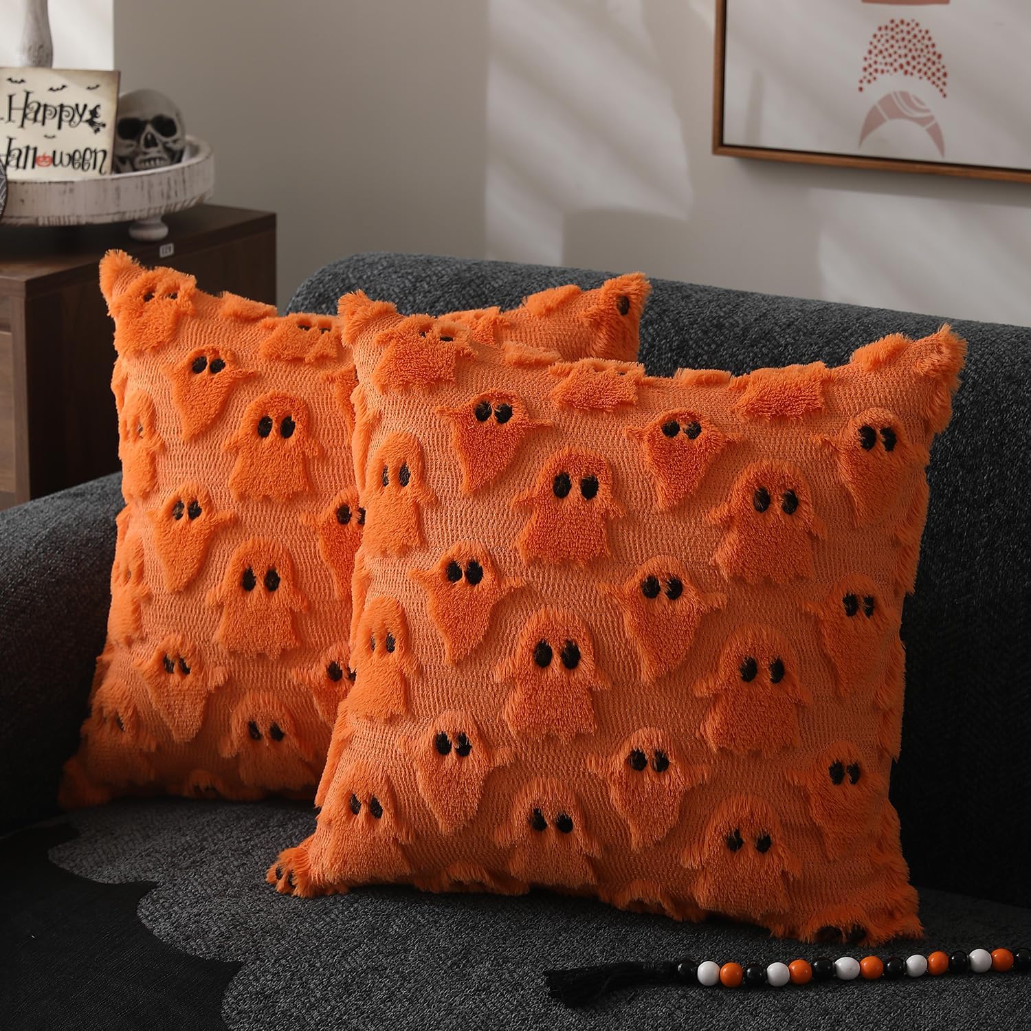 DFXSZ Halloween Pillow Covers 18x18 inch Set of 2 Orange Ghost Throw Pillow Cases Soft Plush Faux Fur Wool Couch Cushion Case for Chair Sofa Bedroom Living Room Home Decor PTK03C18 18" x 18" (Pack of 2) Orange