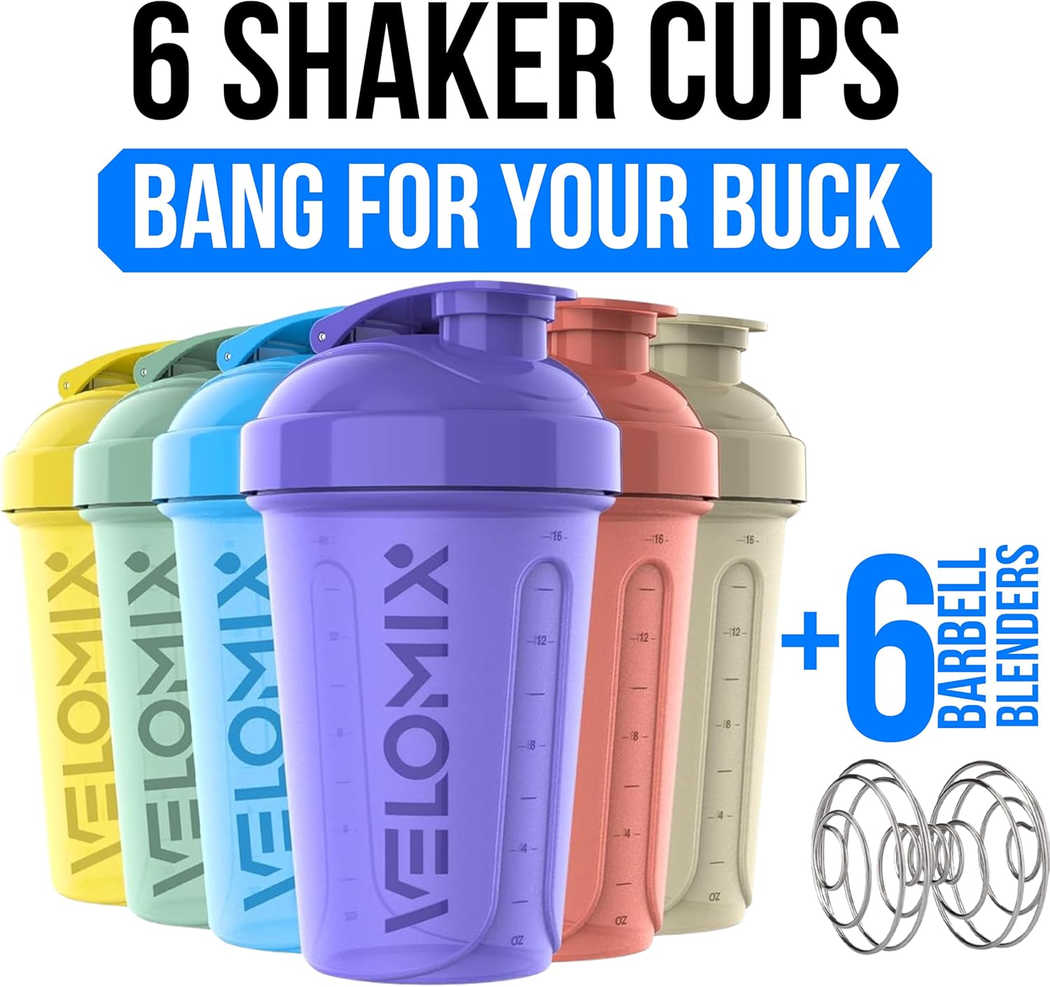 VELOMIX -6 PACK- 20 OZ Protein Shaker Bottles for Protein Mixes, Shaker Cups for Protein Shakes, Small Shaker Bottle Pack, Shaker Cup, Shakers for protein Shakes (Pastel Shades - 6 Pack) - Image 2
