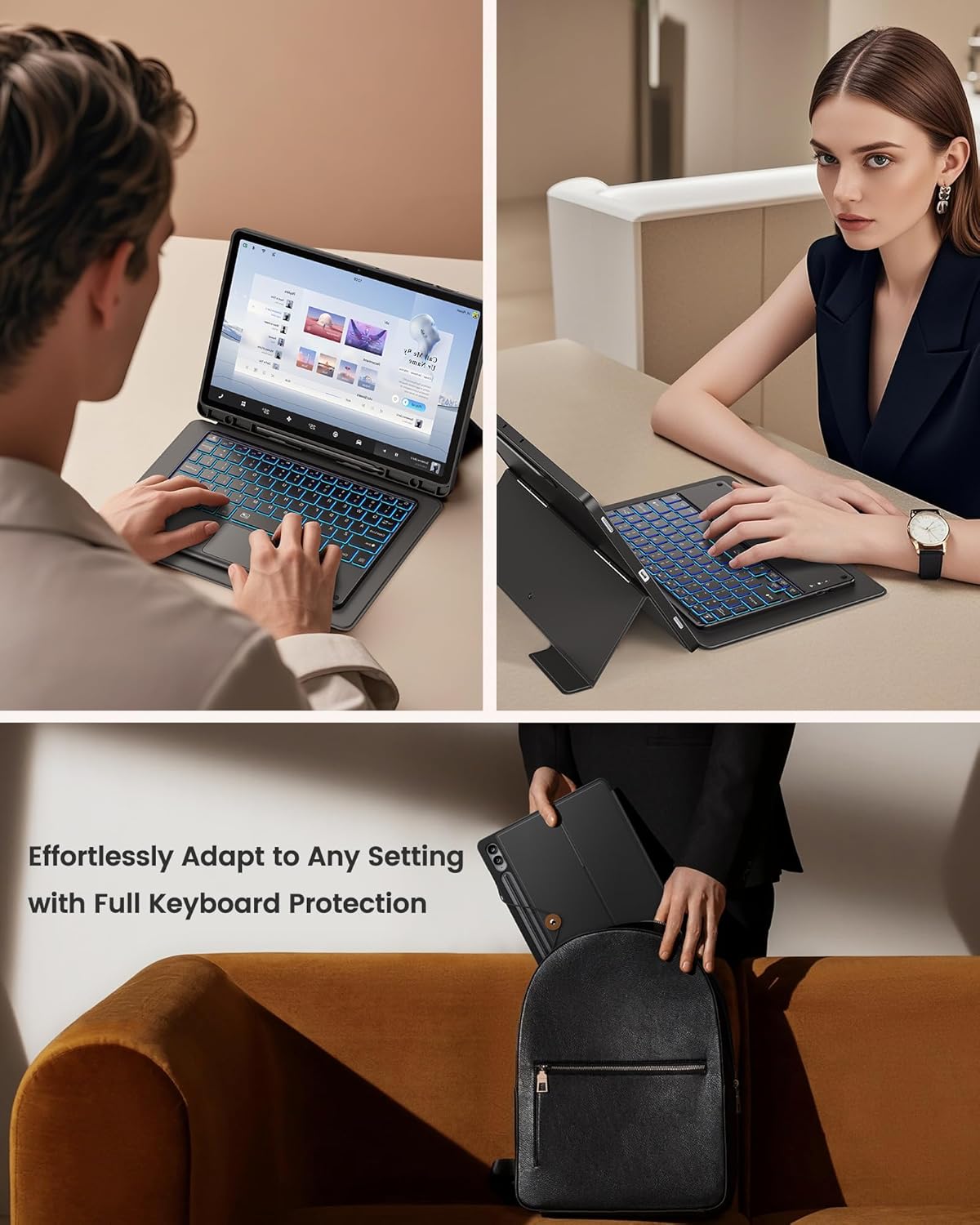 INFILAND Keyboard Case for Samsung Galaxy Tab S10 Plus/S9 Plus /S9 FE+ (12.4 inch) with 7-Color Backlight & High Precision Trackpad, Slim and Portable Detachable Folder Style Keyboard Case,Black