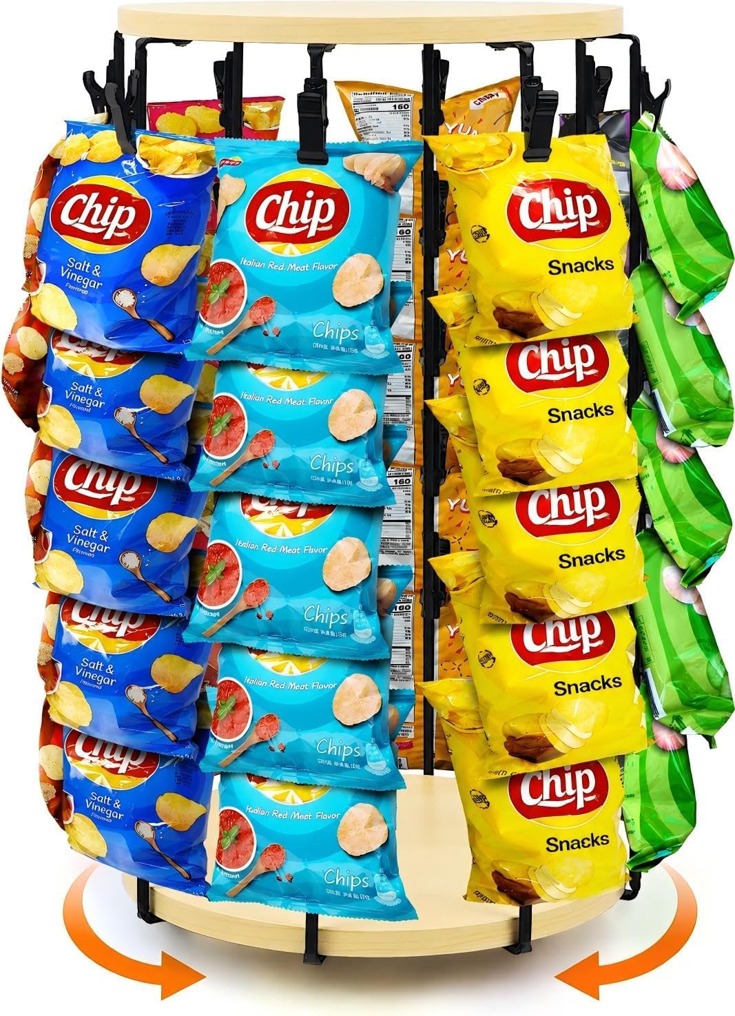 Chip Rack Display Stand, 40 Clips Rotating Snack Organizer, Beige