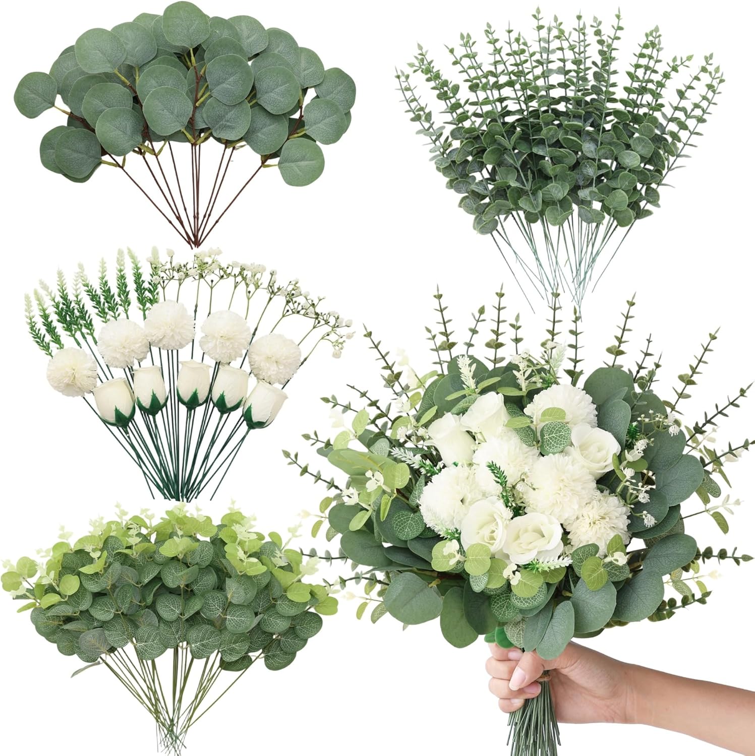 100 Pcs 7 Kinds Mixed Artificial Greenery for Vase Faux Eucalyptus Stems for Vase Eucalyptus Leaves Wedding Bouquets Artificial Flowers for Centerpieces Home Decor