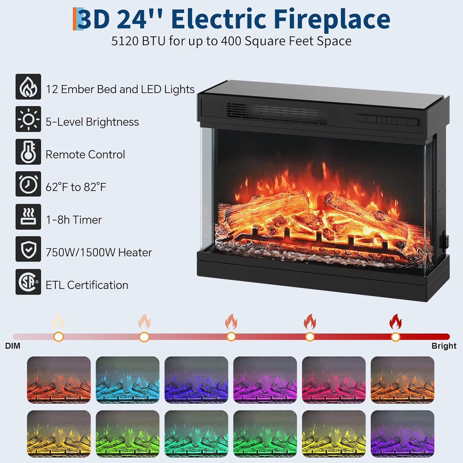 59'' Fireplace TV Stand with 24'' Fireplace, Entertainment Center, 2 Tier TV Console Cabinet with Storage Cabinet, Electric Fireplace Heater with 12 Frame and LED Light Colors, White