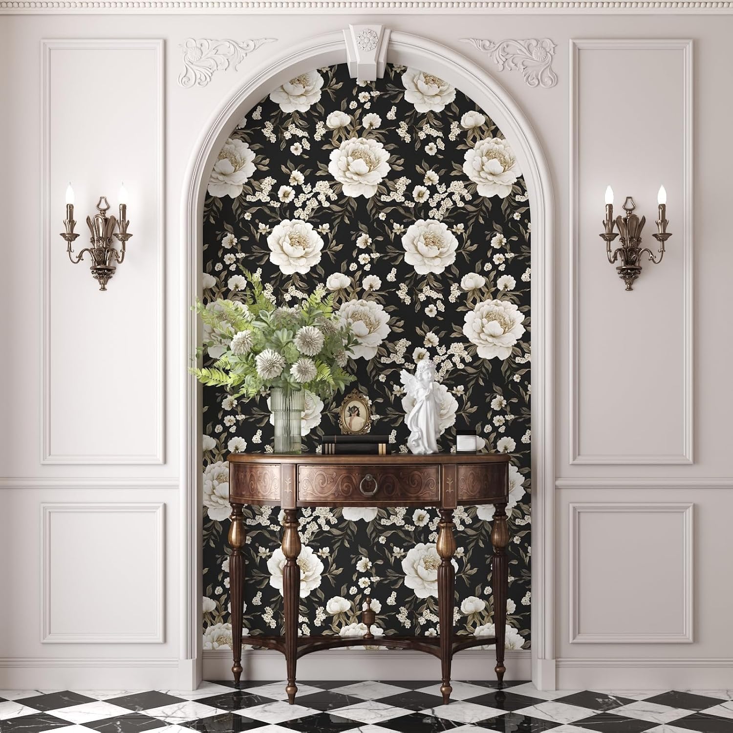 Laatse Boho Wallpaper Peel and Stick Dark Floral Wallpaper for Cabinet 17.5in x393in Vintage Contact Paper Waterproof Self Adhesive Modern Flowers Leaf Wall Paper for Room Walls Bathroom Decor