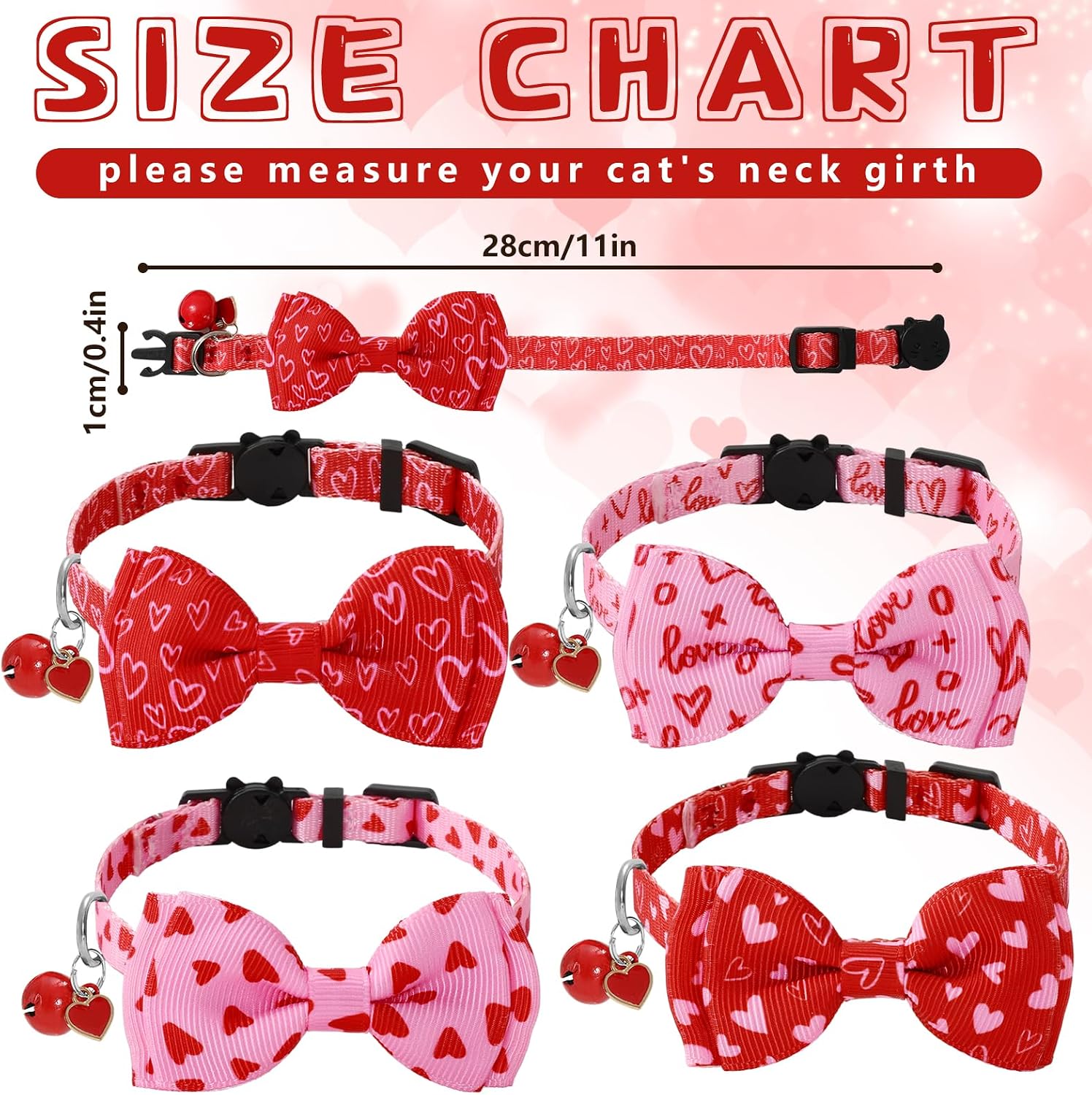 JarThenaAMCS 4 Pcs Valentine's Day Cat Collar with Breakaway Bell Bow Tie Pink Red Heart Adjustable Kitten Collars for Girl Boy Cats Small Pet Party image 2