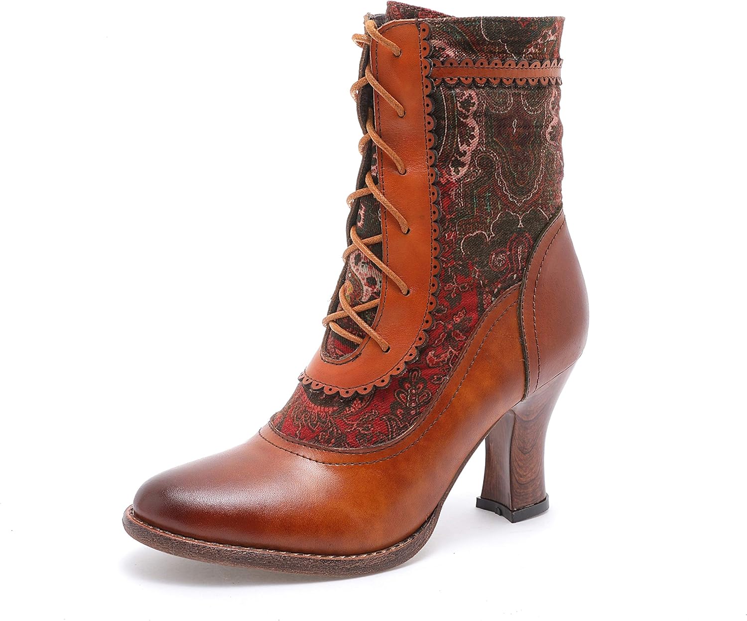 CrazycatZ Leather Ankle Boots,Women Retro Floral Leather Block Heel Ankle Embroidery Boots Colorful Boots