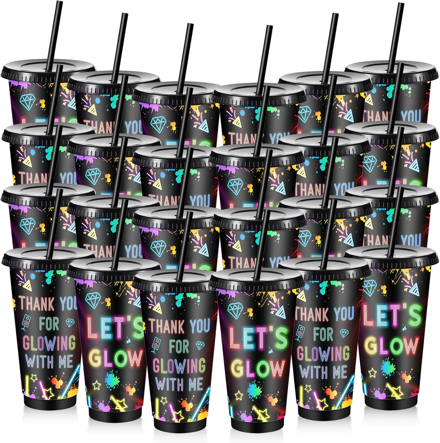 Chuangdi 24 Pcs 24 oz Neon Party Plastic Cups with Lids and Straw Reusable Tumblers Gifts for Glow Party Favors Decorations Night Event Birthday Supplies
