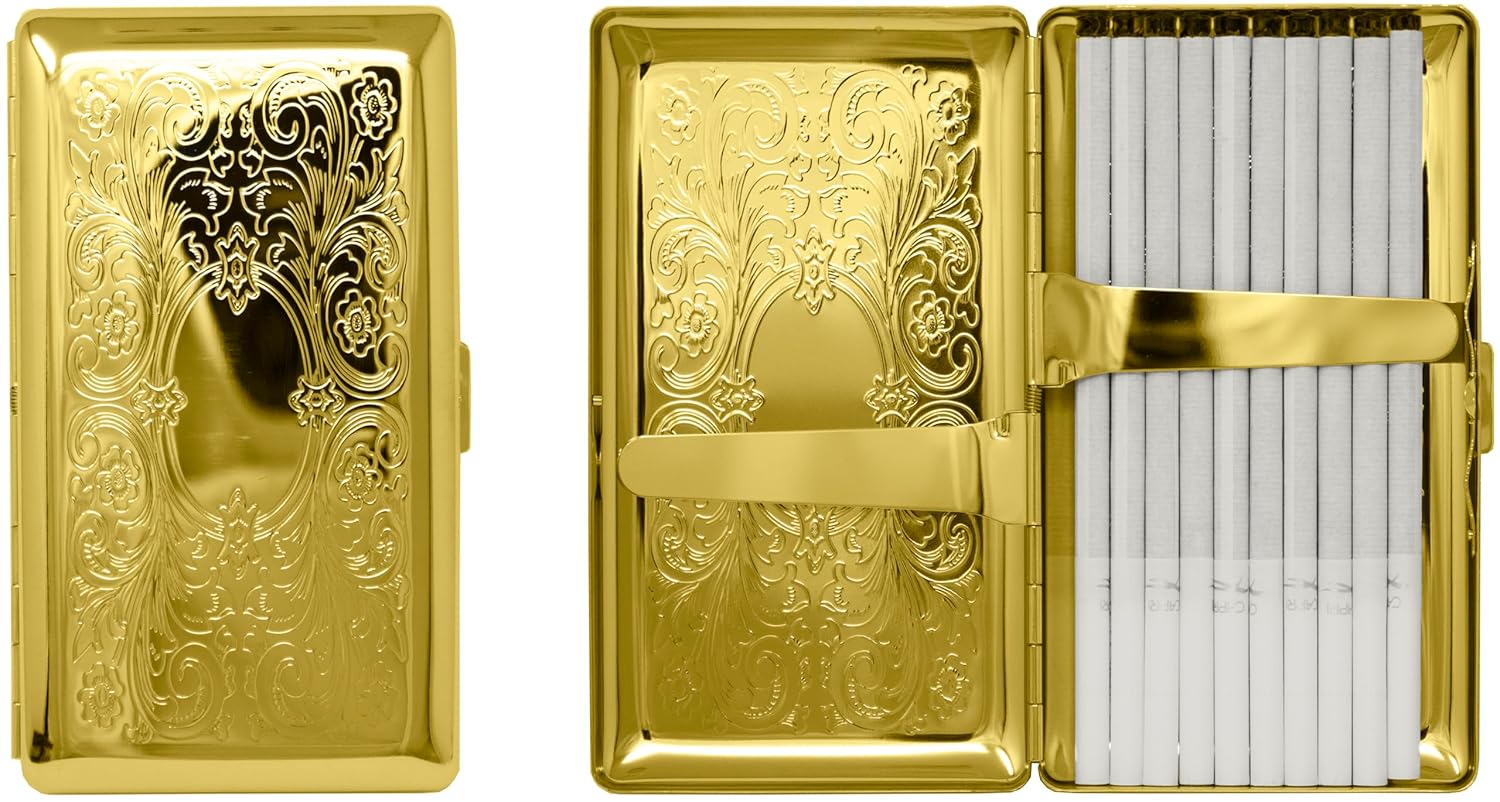 Set of 2 Metal-Plated 120s Cigarette Case & Stash Box (Gold Victorian Scroll)