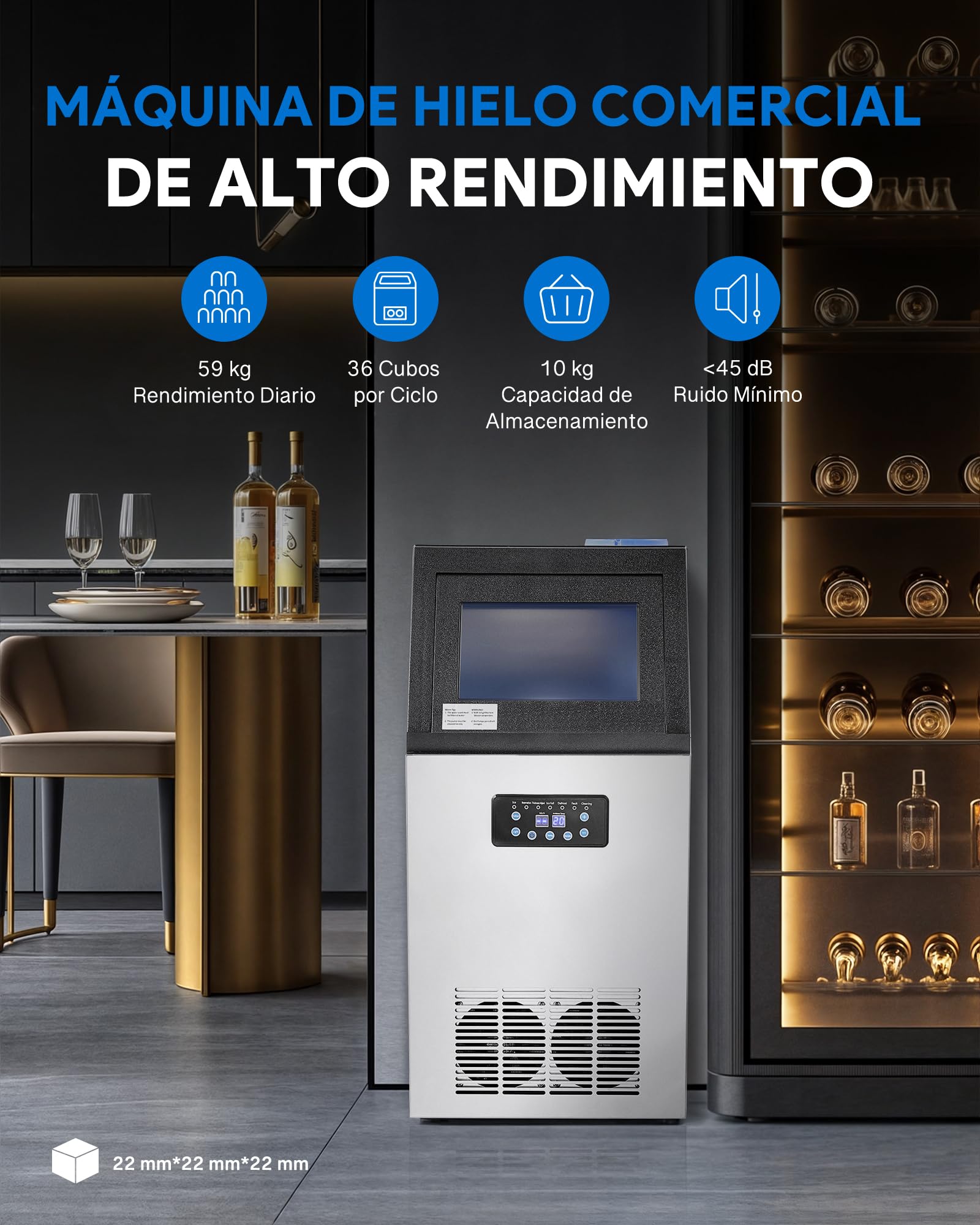 CREWORKS Maquina para Hacer Hielo 59KG/24H Maquina de Hielo 36PCS con Capacidad de Almacenamieto 10KG Máquina de Cubito de Hielo para Bares, Restaurante y Cafetería