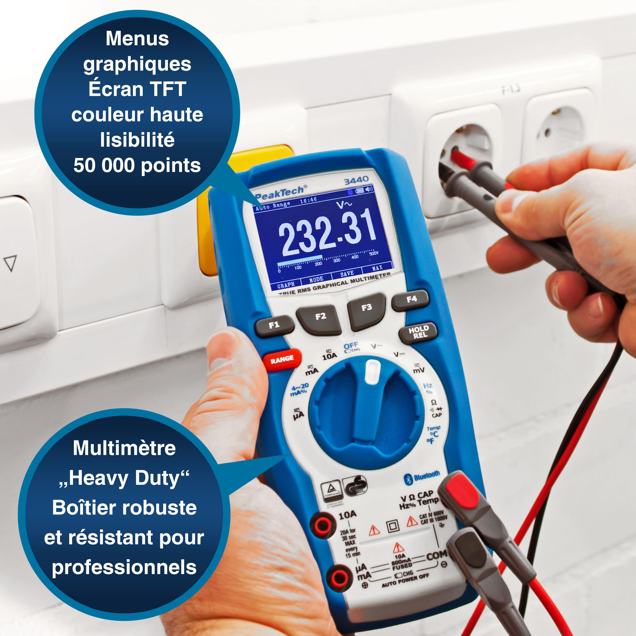 PeakTech 3440 - Multimètre Numérique True RMS avec 4.0 Bluetooth et Affichage Graphique, 50000 counts, Multimètre Manuel Professionnel, TÜV/GS, Autorange, Voltmètre - CAT III 1000V