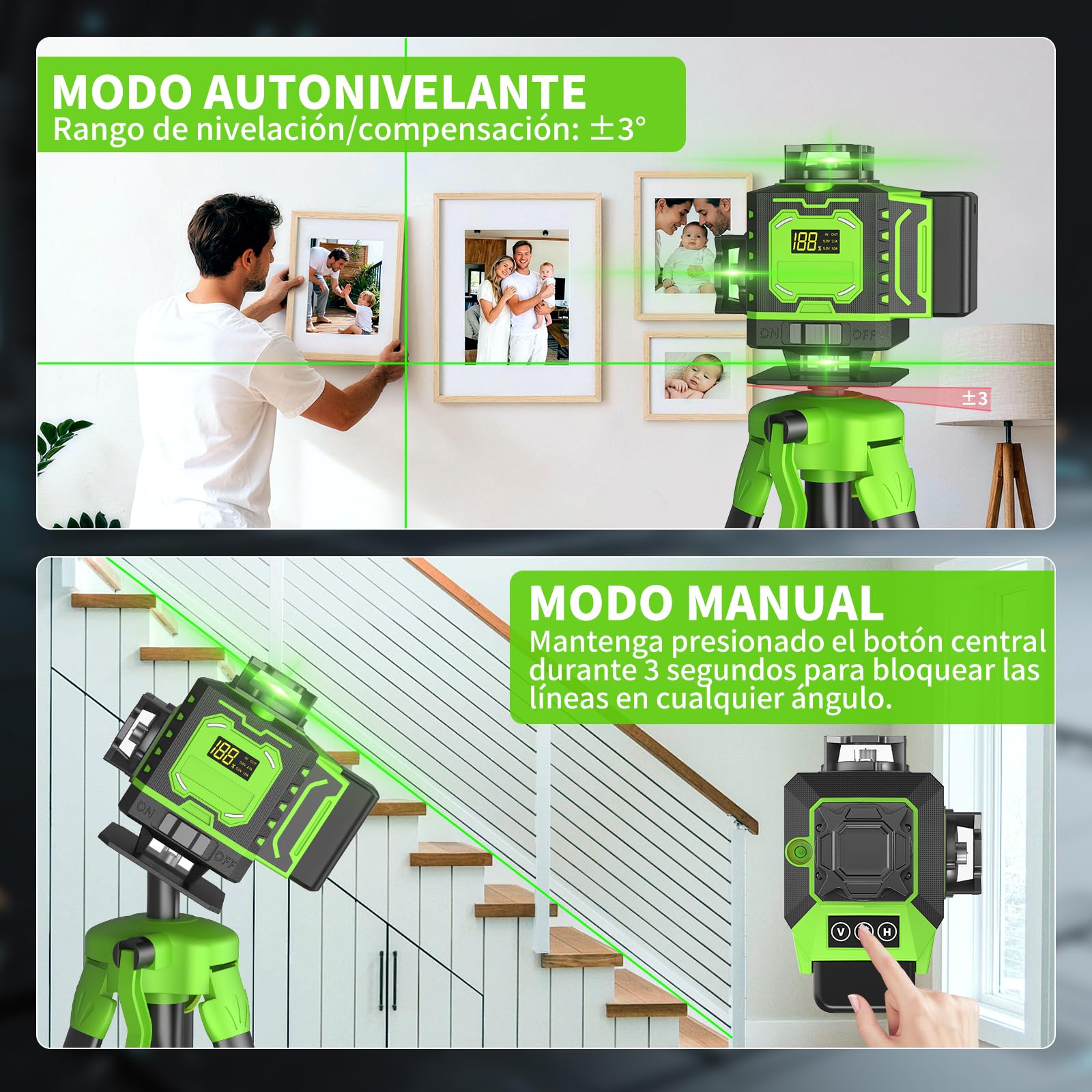 Niveau Laser Chantier Autonivelant 360° x 4 Avec trépied, Lazer Niveaux 4D 16 Lignes Laser, Mode Impulsion ExtéRieur, 2 x Batterie, Nivellement Automatique, Support Rotatif, Télécommande