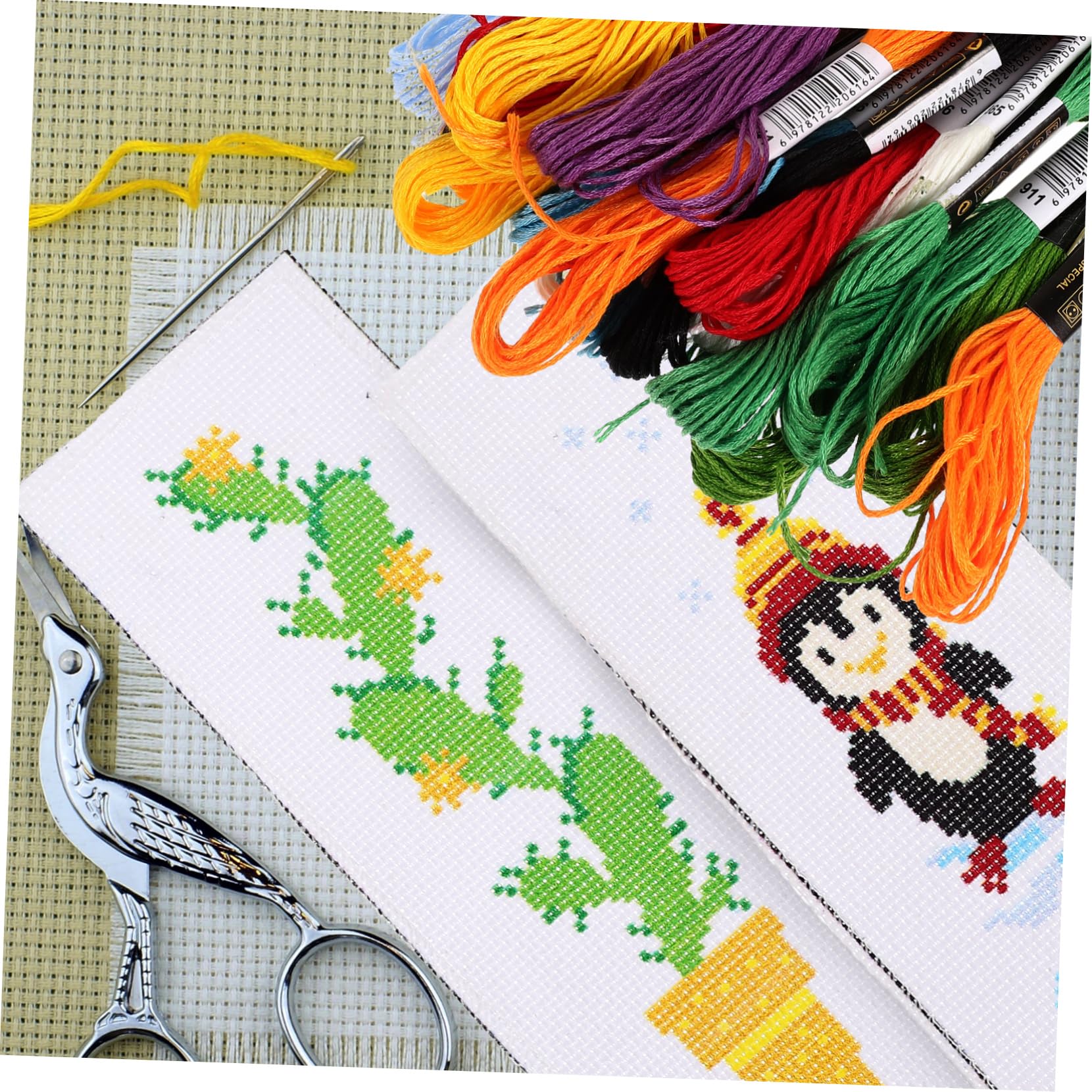 TEHAUX 9juegos Materiales Para Marcadores De Libro De Bordado Kits De Bordado De Punto De Cruz Diseños De Pingüino y Cactus