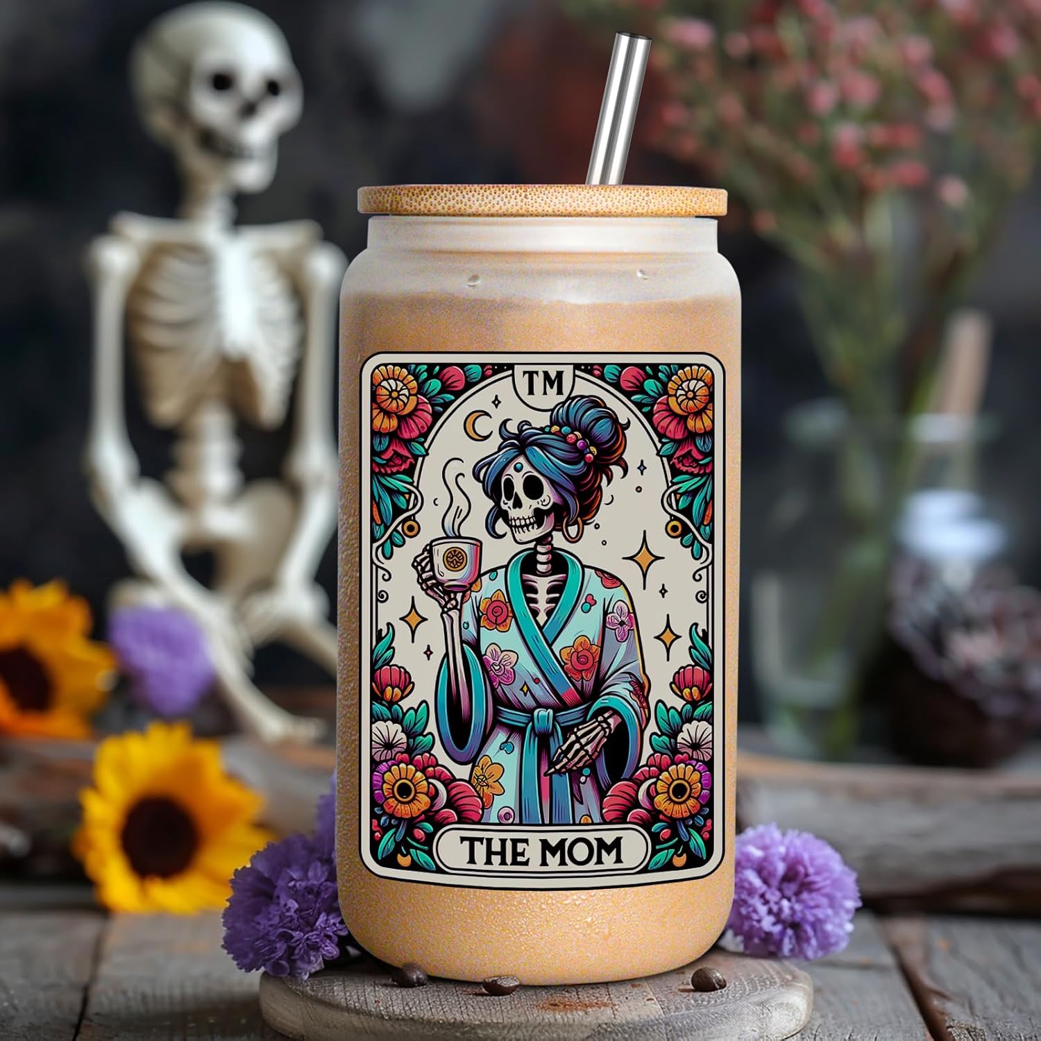 Fairy's Gift Skeleton Mom Iced Coffee Cups, Cute 16 oz Frosted Glass Tumbler w/Lid Straw, the Mom Tarot Card Valentines Skull Cup, Mama Witchy Gifts for Women, Goth Bday Gothic Spooky Gifts for Mommy - Image 4