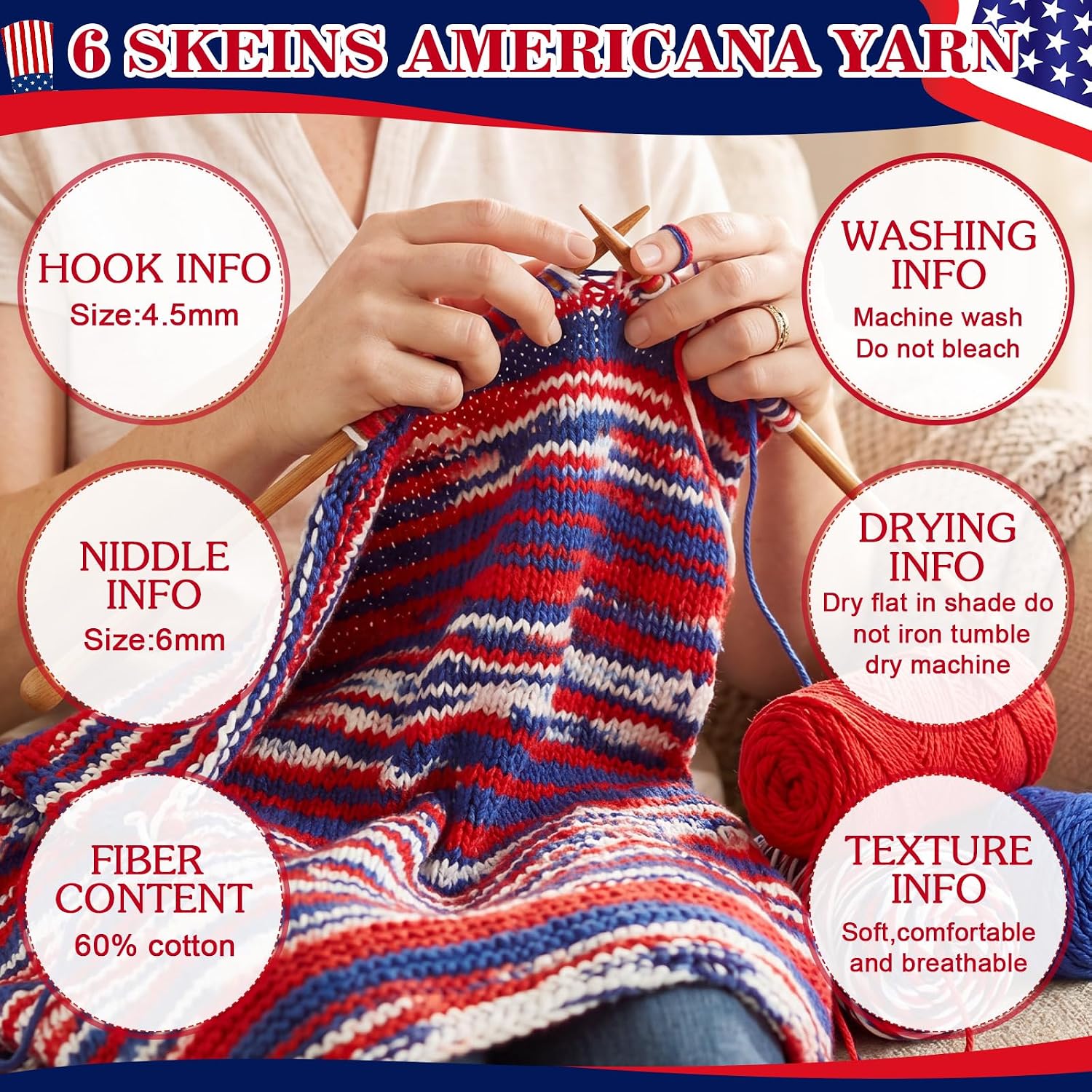 Timgle 6 Skeins Americana Yarn for Crocheting Americana Color Yarn Soft Each 141g/ 4.5 oz 273 Yard Crochet Yarns for Knitting Crochet Gift Craft Project Starter (Red, Blue, Mixed Colors)