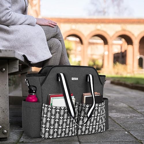 Miniatura 8 de CURMIO Bolsa de trabajo para profesores para mujer, bolsa de mano portátil para profesores con funda acolchada para laptop, negro con flecha (solo