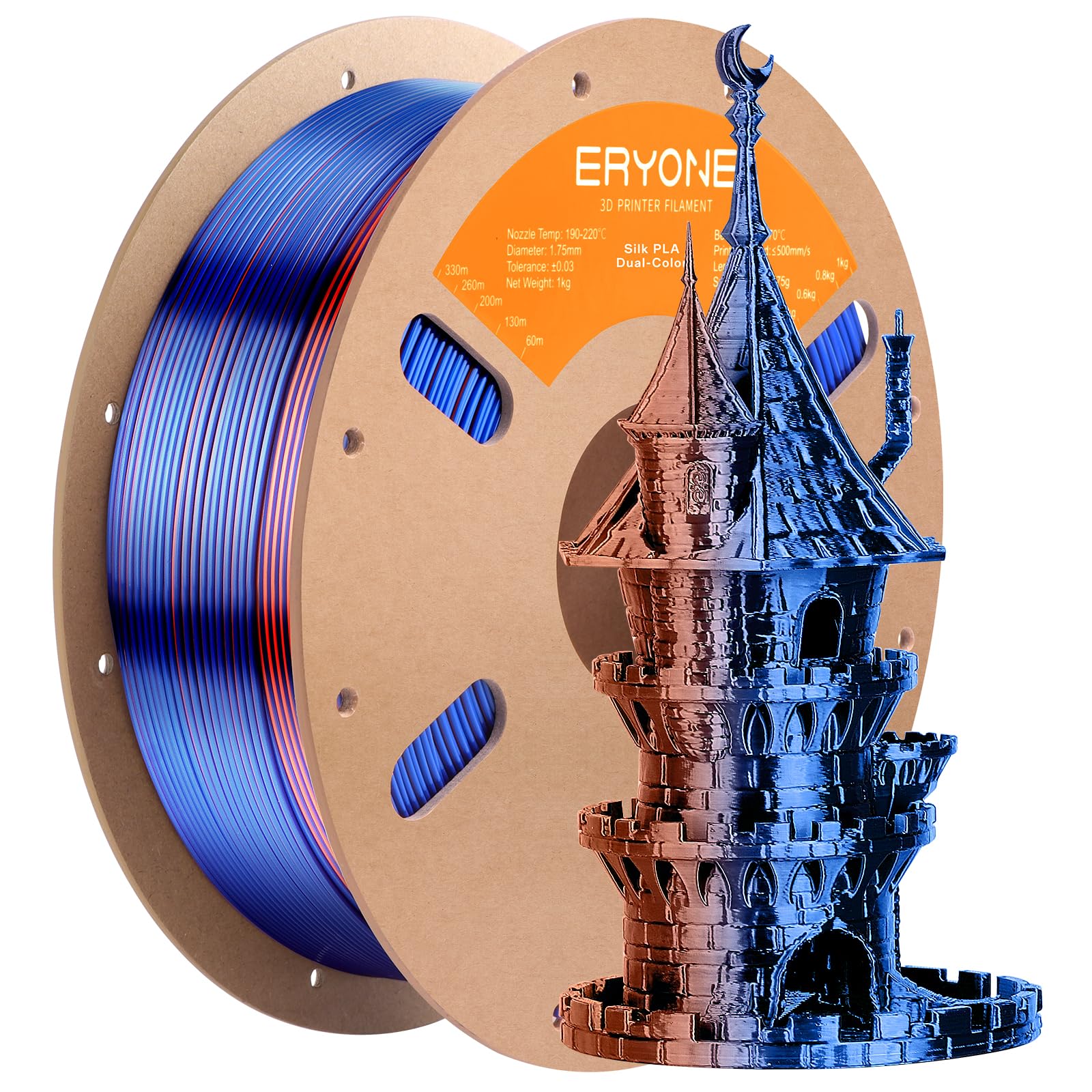 ERYONE Silk Dual Color PLA Filament 3D Printer 1.75mm +/- 0.03mm, Bicolor Filament Two Tone PLA 1KG(2.2lbs) Cardboard Spool, Orange &amp; Blue