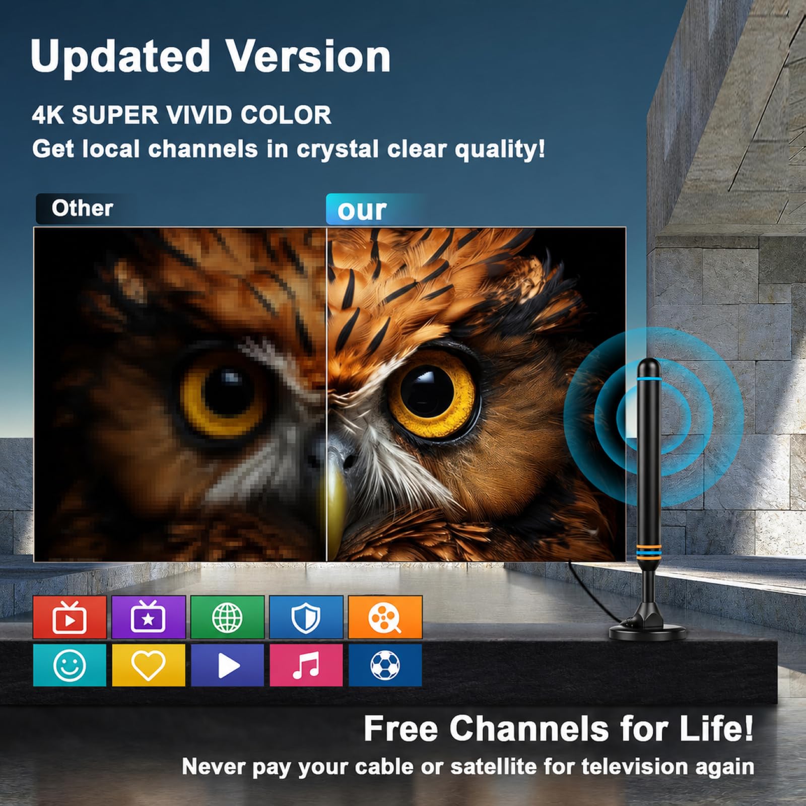 Antenna TV da interni per Smart TV per ricezione a lungo raggio e tutte le Smart TV HD Antenna digitale con amplificatore di segnale per canali locali supporta 4K 1080p-arancione