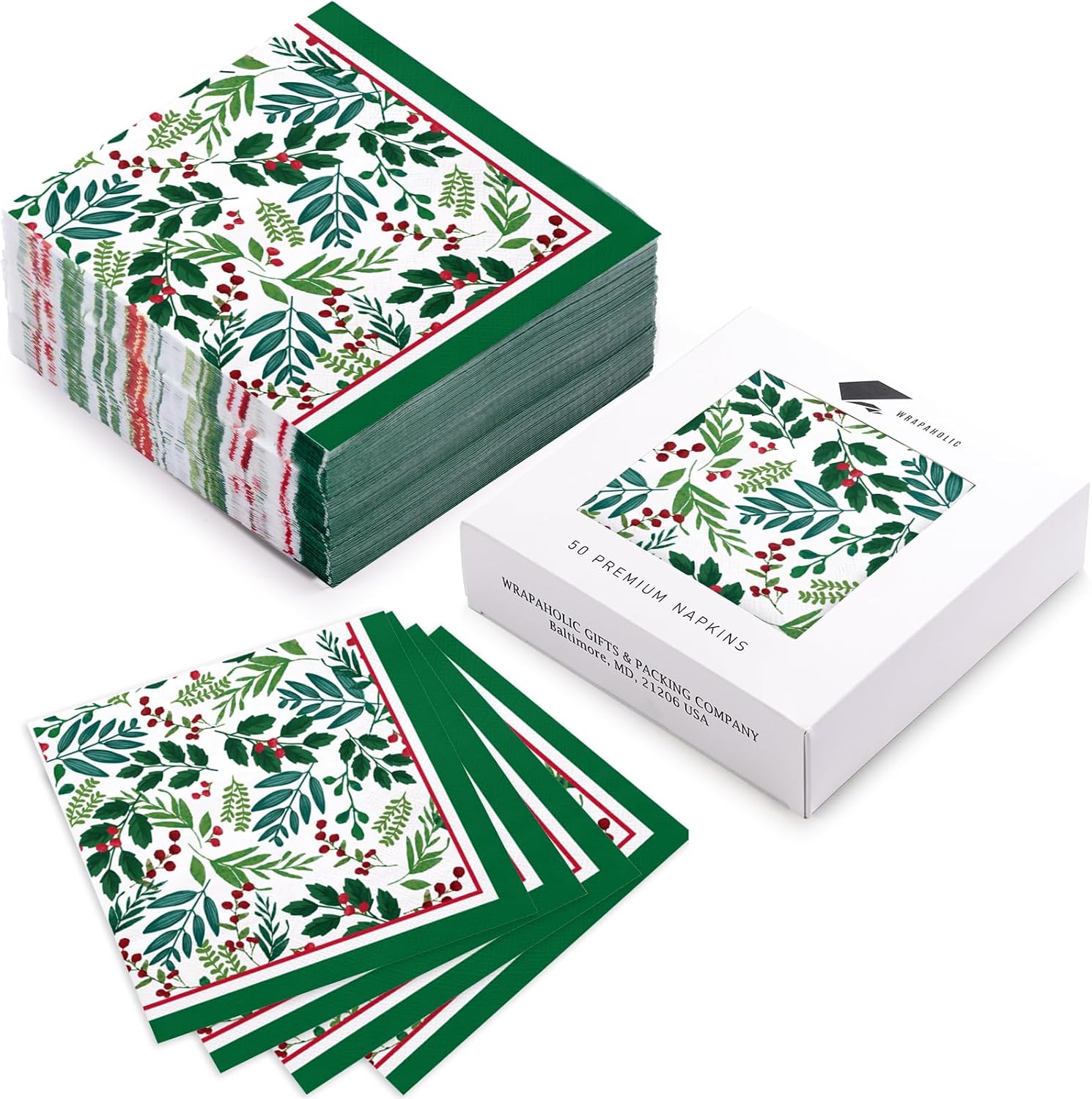 WRAPAHOLIC 50Pcs Christmas Seasonal Holly Paper Napkins - 3-Ply Disposable Cocktail Napkin for Christmas Party Supplies Tableware, Xmas Holiday Party Decorative Towels - 5 x 5 In