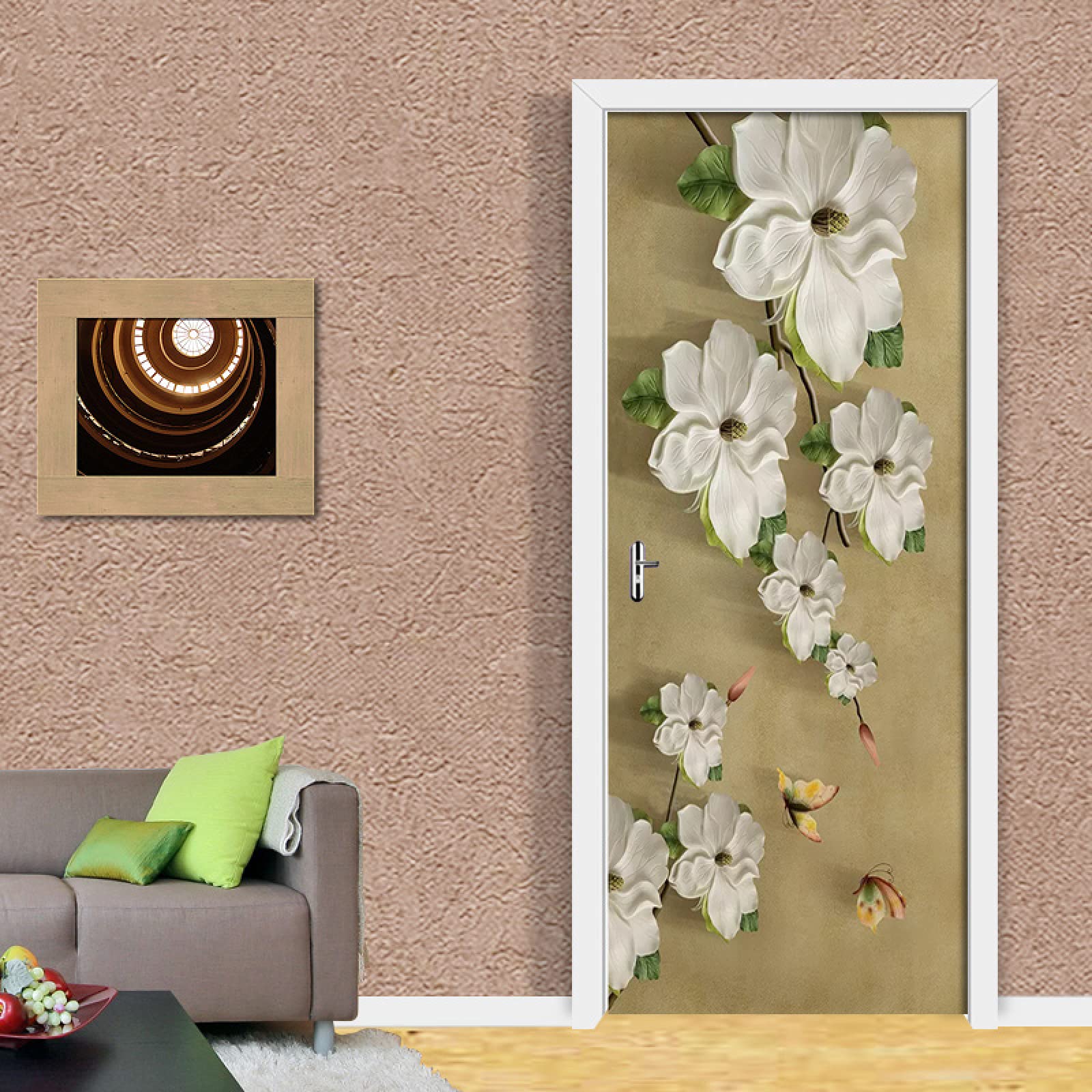 Carta Da Parati 3D Per Porte - Adesivo Fiori Peonia E Farfalle 95x215cm PVC Impermeabile
