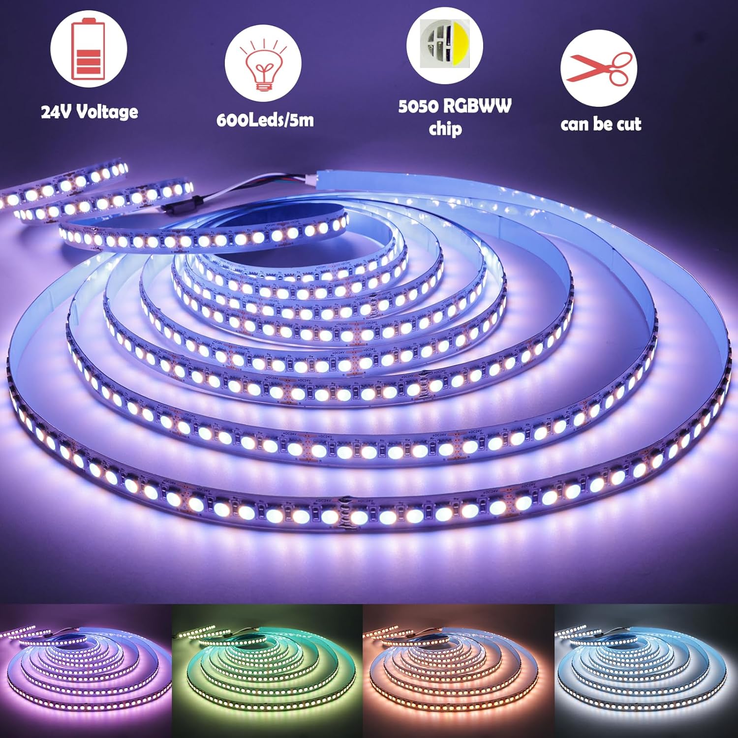 24V LED Strip Lights, 4 in 1 RGBWW RGB + Warm White 3000K 16.4ft Total 600 LEDs Mixed Color Rope Light Strip SMD 5050 IP20 for Bedroom, Kitchen Decoration
