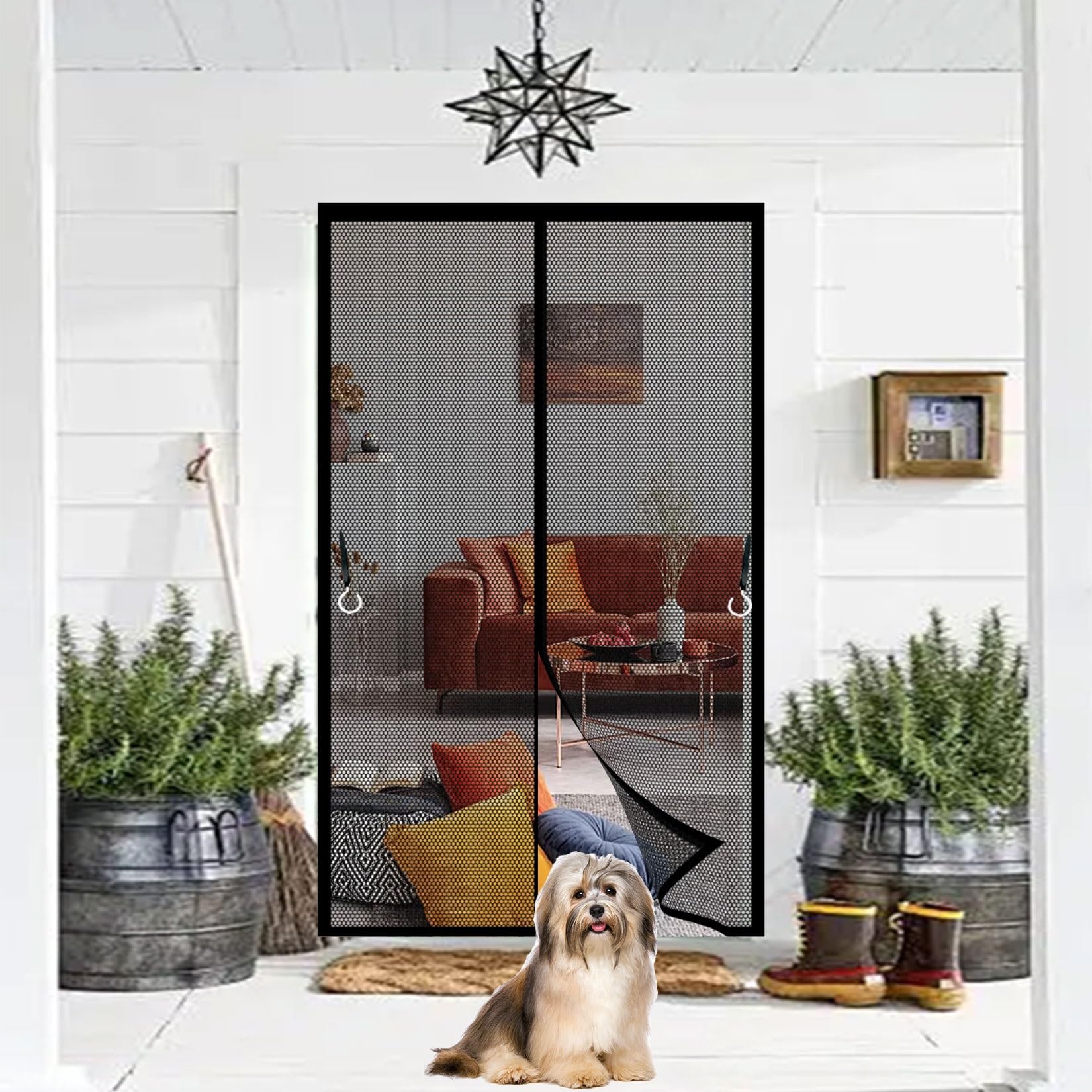 Liujyuan Black Mosquito Door Screen 135 X 215 Cm Full Frame Magic Tape, Powerful Magnets Flyscreen French Doors, Bug Mesh Curtain Heavy Duty, Lets Fresh Air For Patio Doors Bedroom,