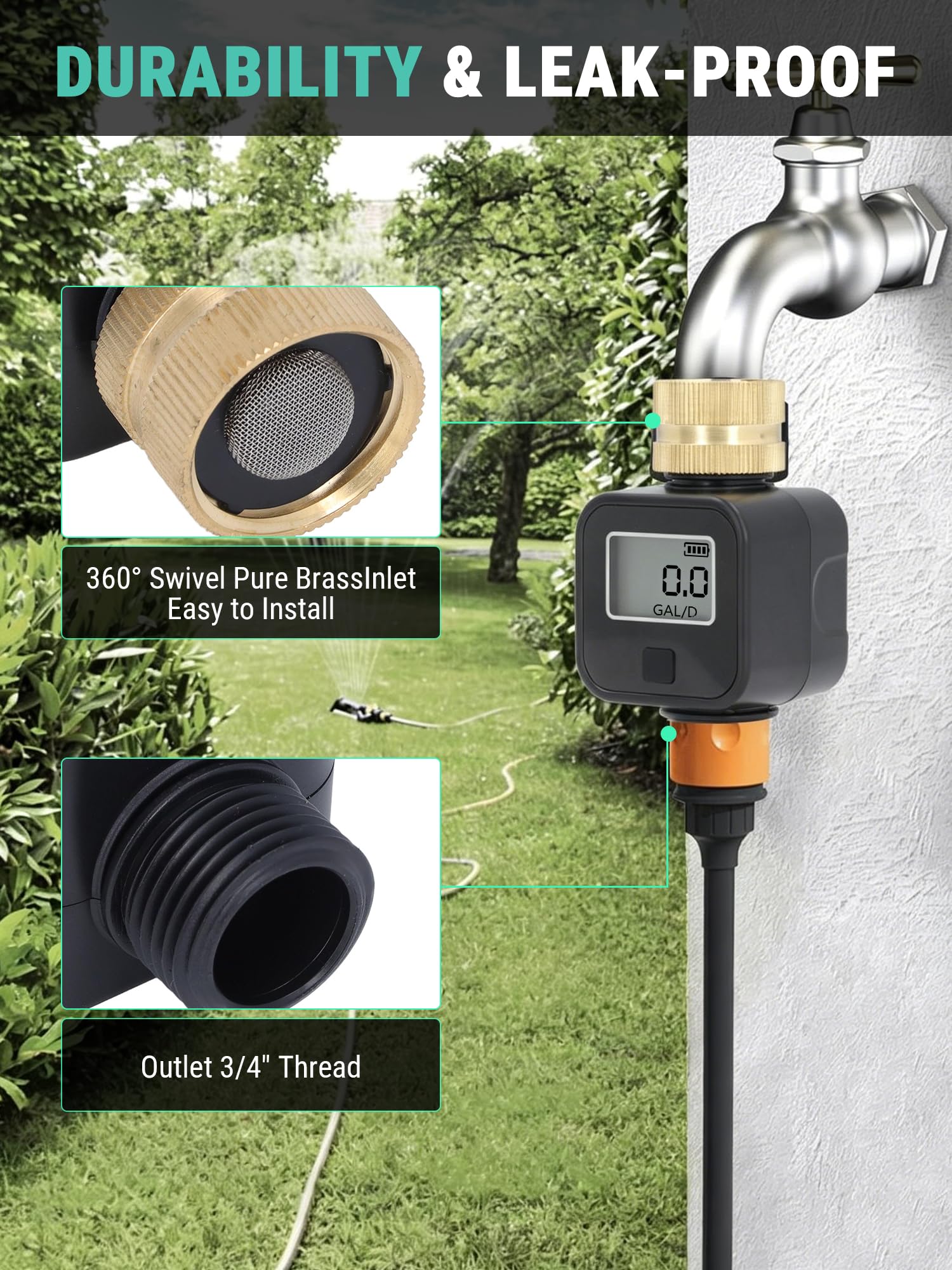 VOBOR Digitaler Wasserzähler 3/4 zoll, 4 Modi zur Kontrolle des Wasserverbrauchs, 180° Drehbarer Praktischer Wasseruhr mit Messing Einlass, Durchflussmesser für Wohnmobile, Gartenschläuche, Sprühdüsen
