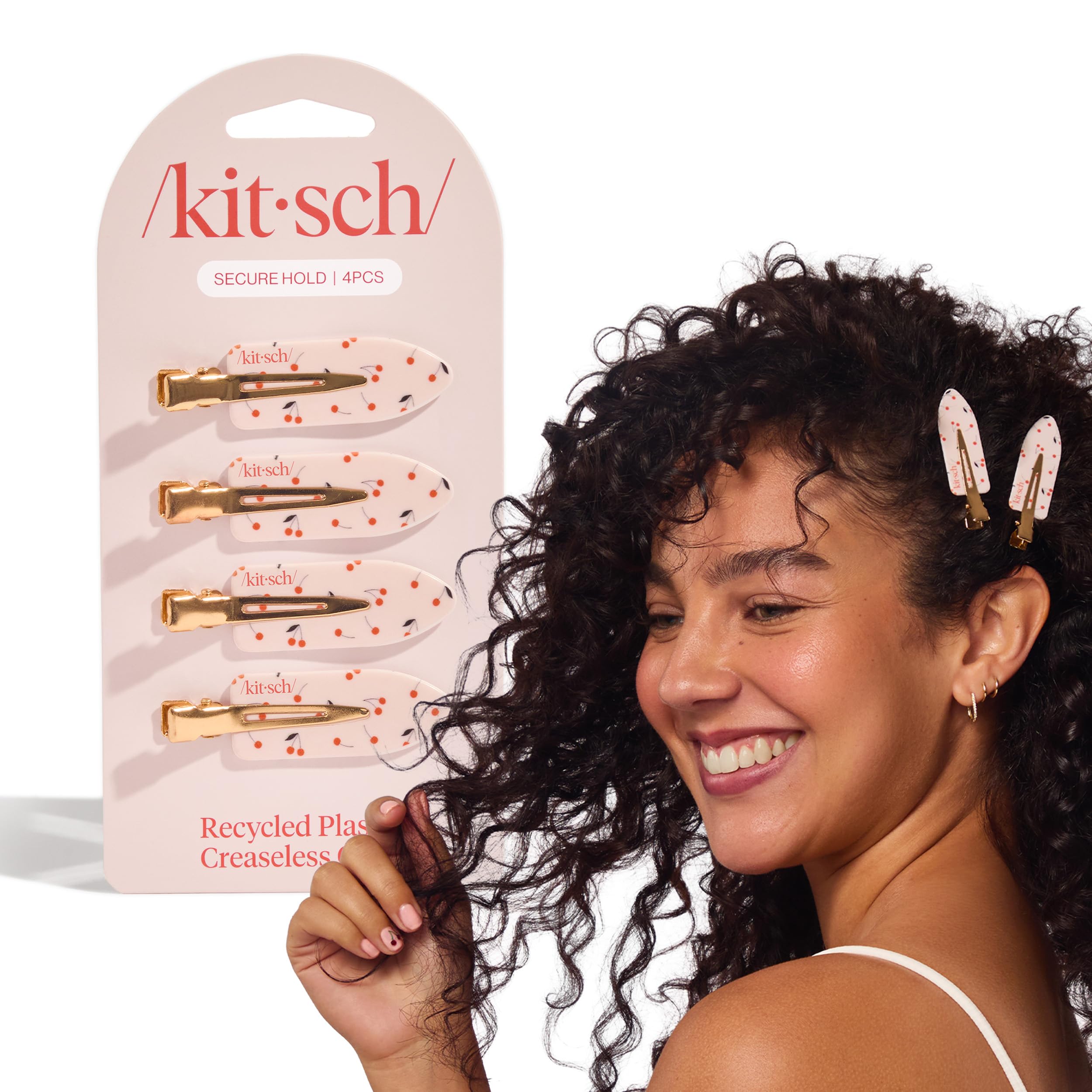 KitschCreaseless Hair Clips for Women - No Crease, No Bend Hair Clips for Styling, Bangs, Makeup Application, Face Wash - Recycled Acrylic - Cherry Print | Ideal Gifts for Women, 4pcs