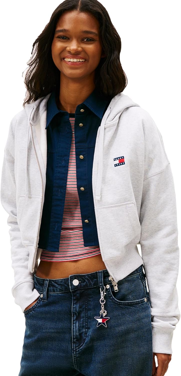 Tommy Jeans womens Medium Weight Cropped Zip Up Hoodie With Embroidered Flag Logo