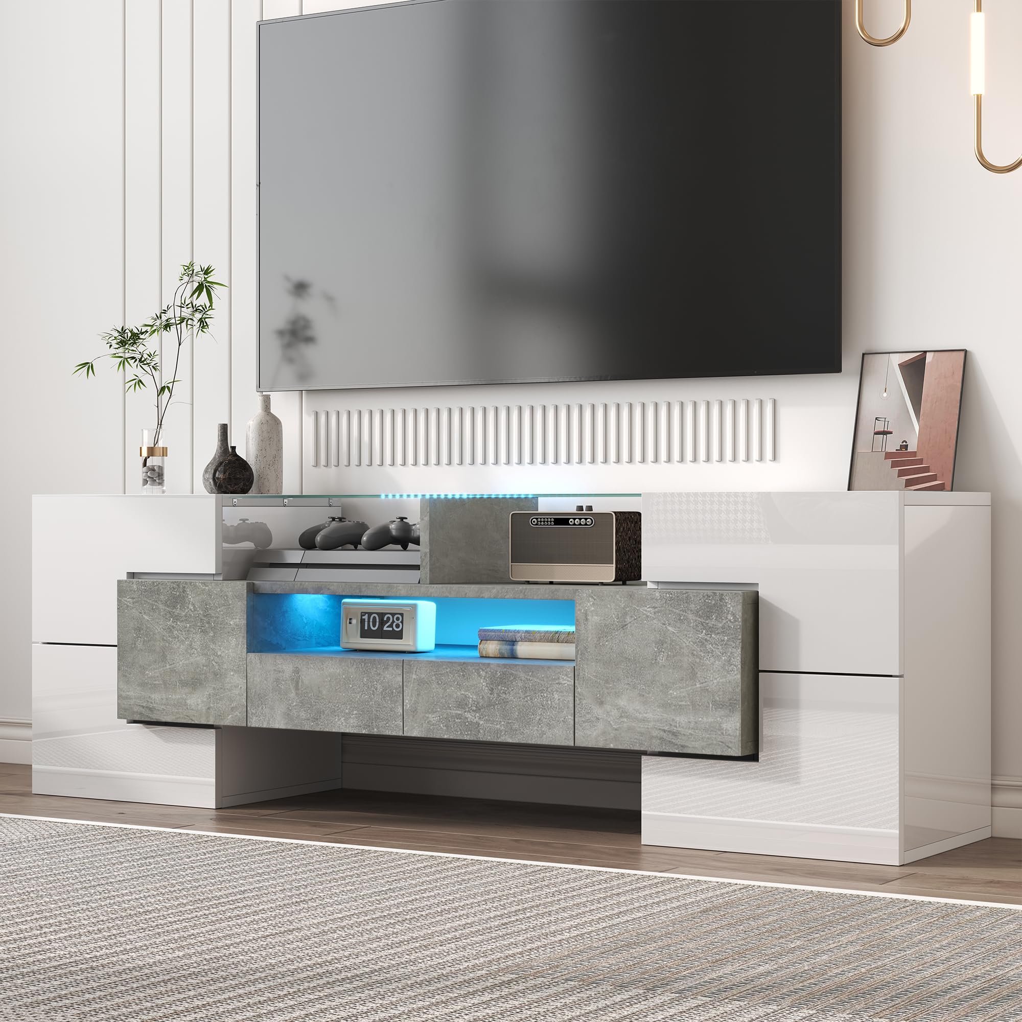 Elegante mobile TV da 145 cm, colore bianco lucido, banco TV con illuminazione LED e piano in vetro per soggiorno, design moderno (bianco e grigio, 145 cm)