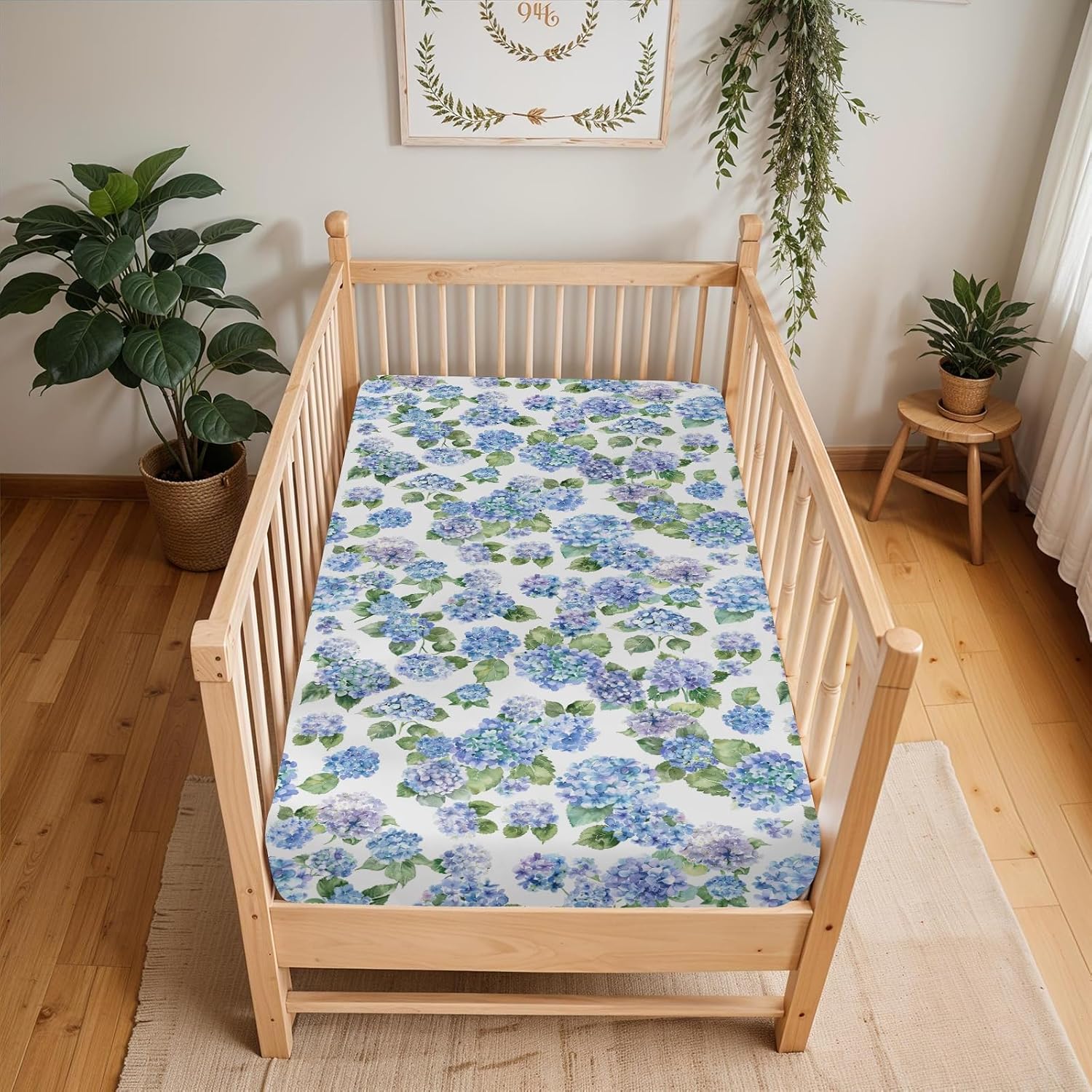 Blue Hydrangea Floral Baby Crib Sheets for Boy Girl 52x28Inch Spring Summer Wildflowers Soft Snug Fitted Crib Mattress Covers Floral Blooms Spring Baby Sheet for Standard Crib & Toddler Bed Mattress